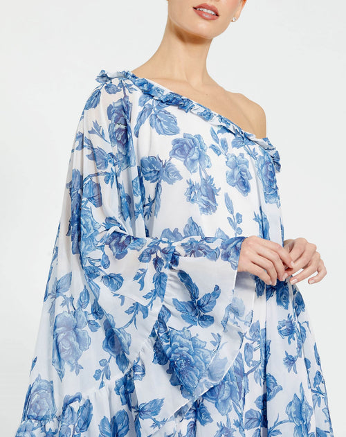 Floral Print One Shoulder Cape Dress