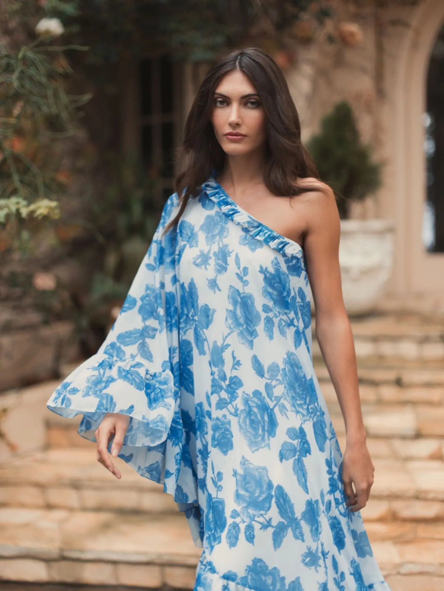 White and Blue Floral Print One Shoulder Cape Dress - Ieena for Mac Duggal