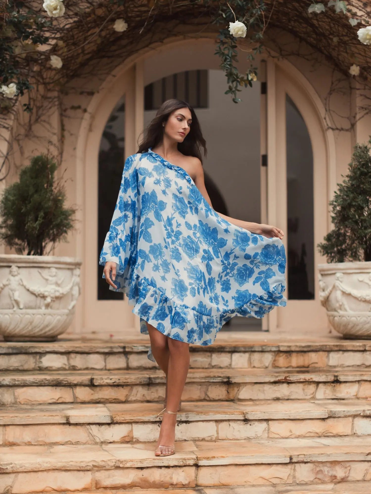 White and Blue Floral Print One Shoulder Cape Dress - Ieena for Mac Duggal