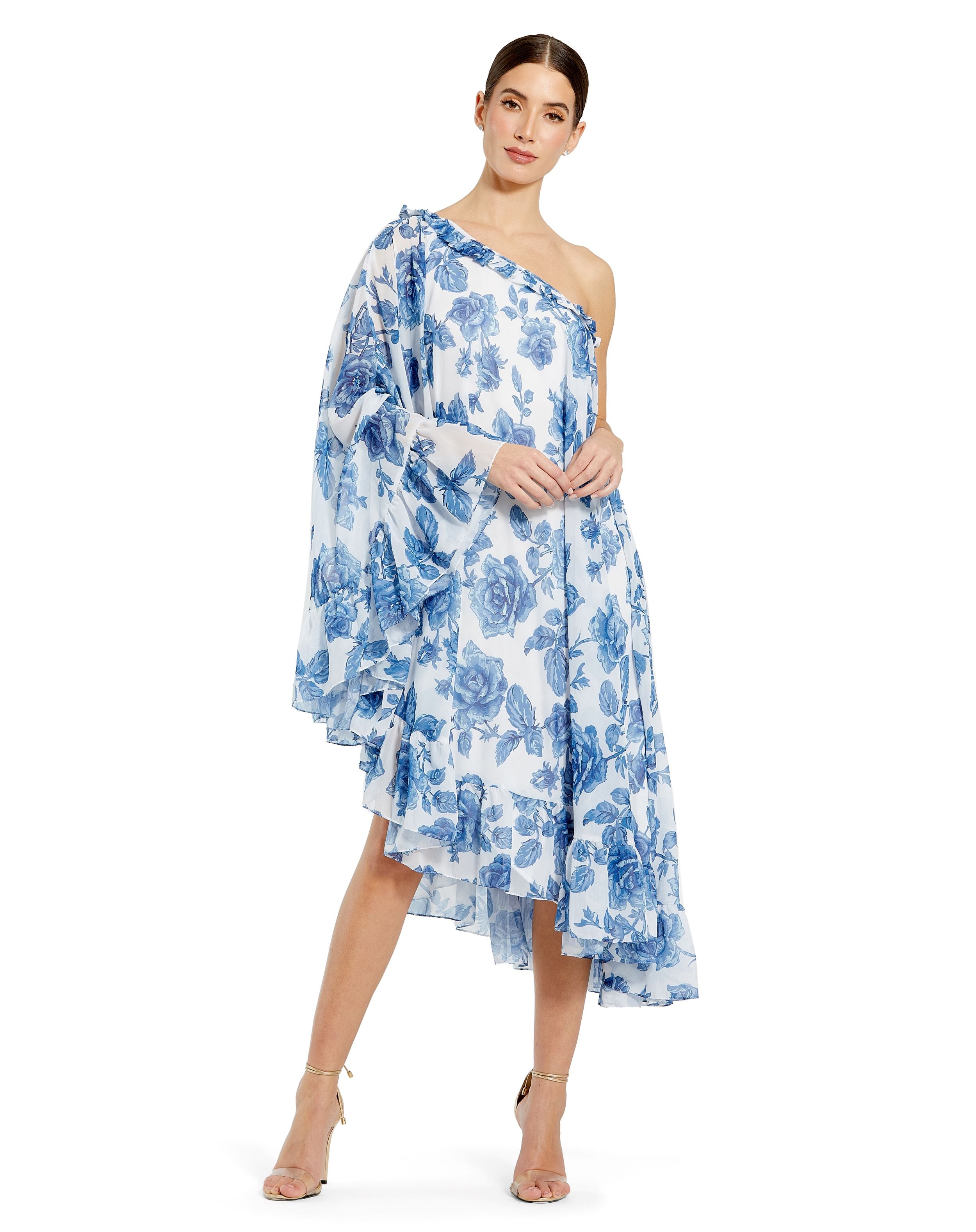 Floral Print One Shoulder Cape Dress – Mac Duggal