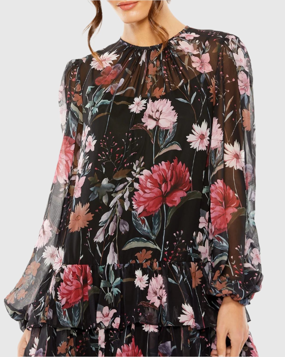 Floral Print High Neck Ruffle Hem Mini Dress