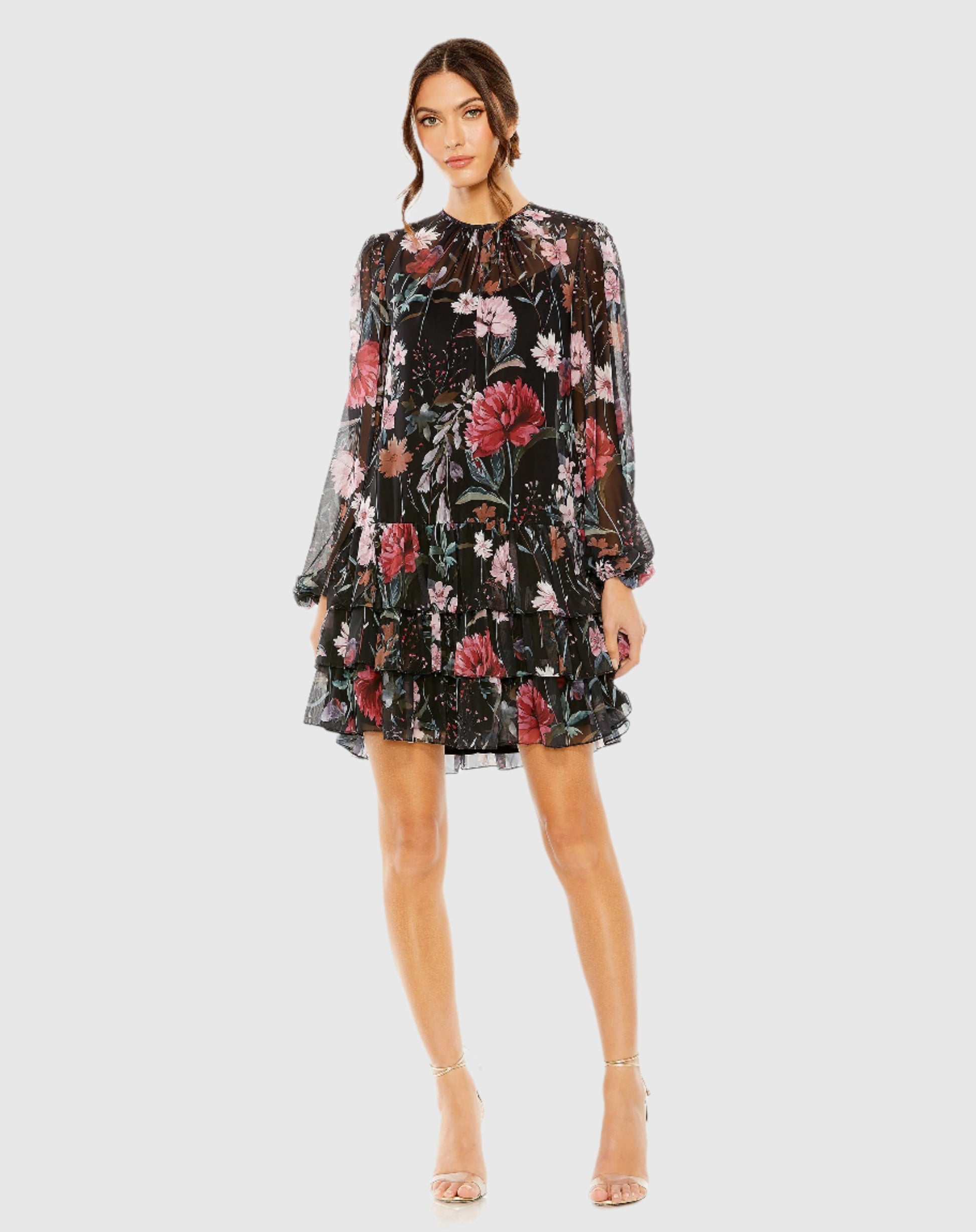 Floral Print High Neck Ruffle Hem Mini Dress