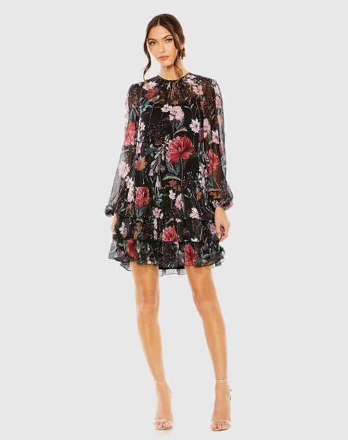 Floral Print High Neck Ruffle Hem Mini Dress