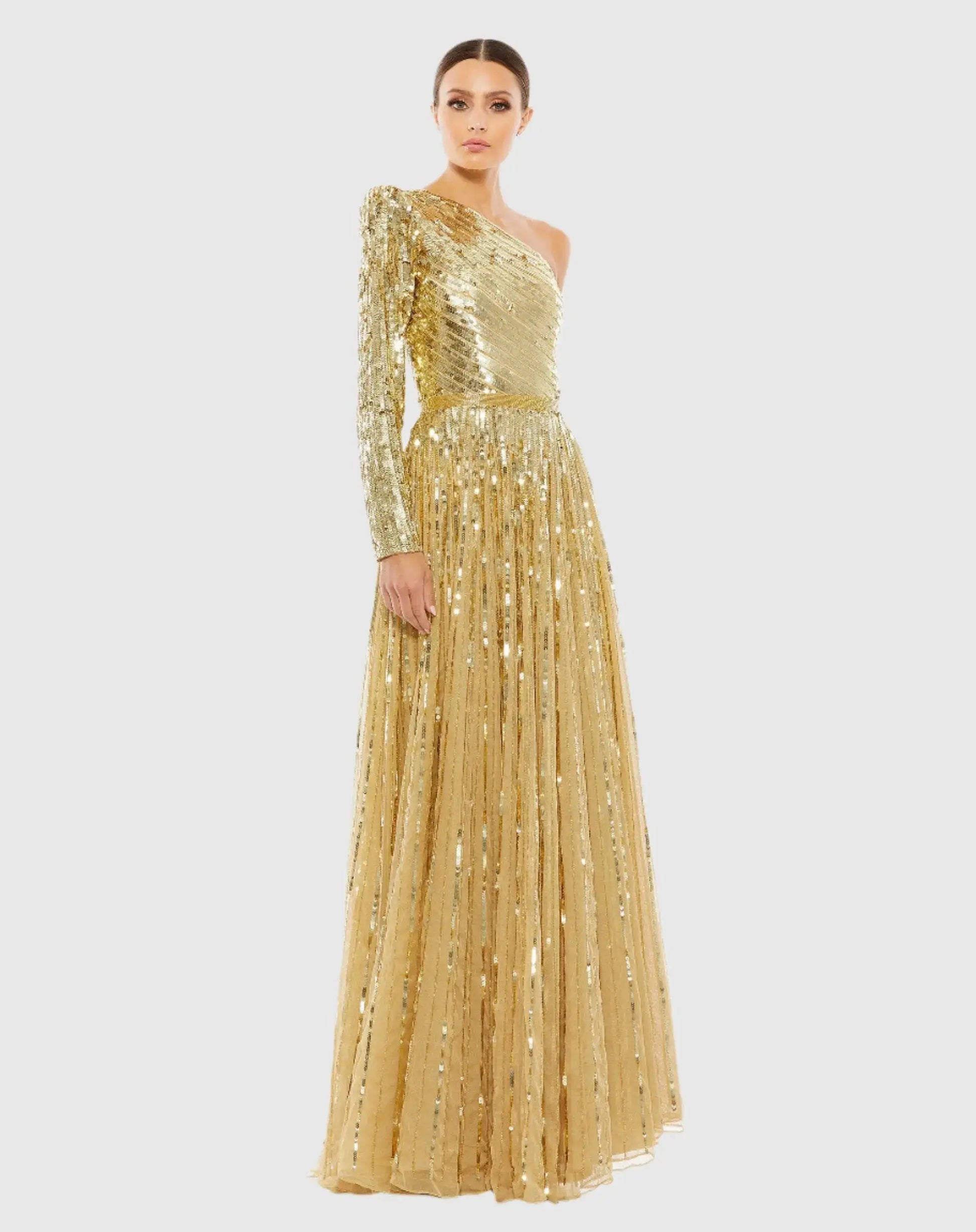 Gold Sequined One Shoulder A Line Gown - Mac Duggal