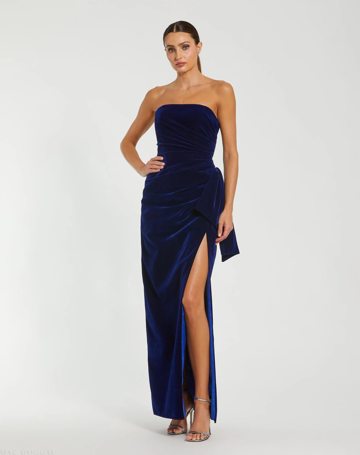 Mac Duggal Women's Strapless High Slit Draped Velvet Gown - Cobalt Mac Duggal Women's Strapless High Slit Draped Velvet Gown - Cobalt