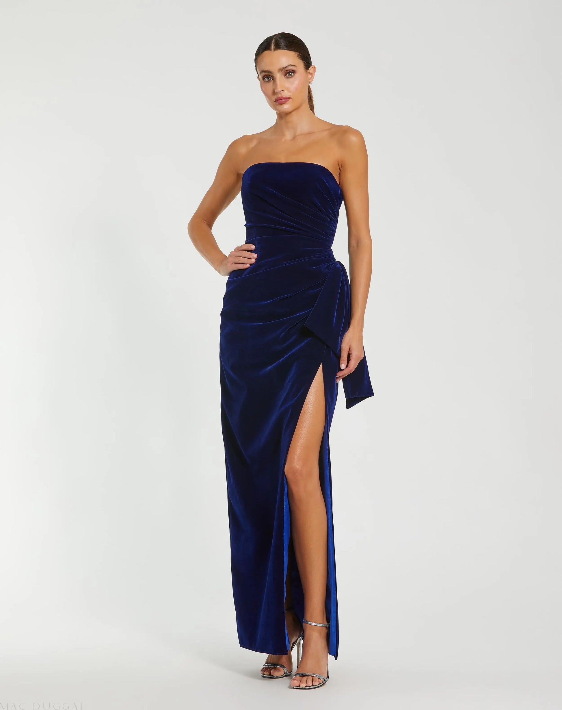 Strapless High Slit Draped Velvet Gown Strapless High Slit Draped Velvet Gown