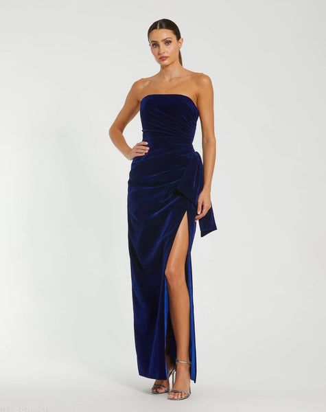blue velvet strapless dress Mac Duggal Women's High Slit Draped Gown - - Size 2 Size:12-18 month In Paris Sequin Flower 100% Handmade Dresses EPISODE 1