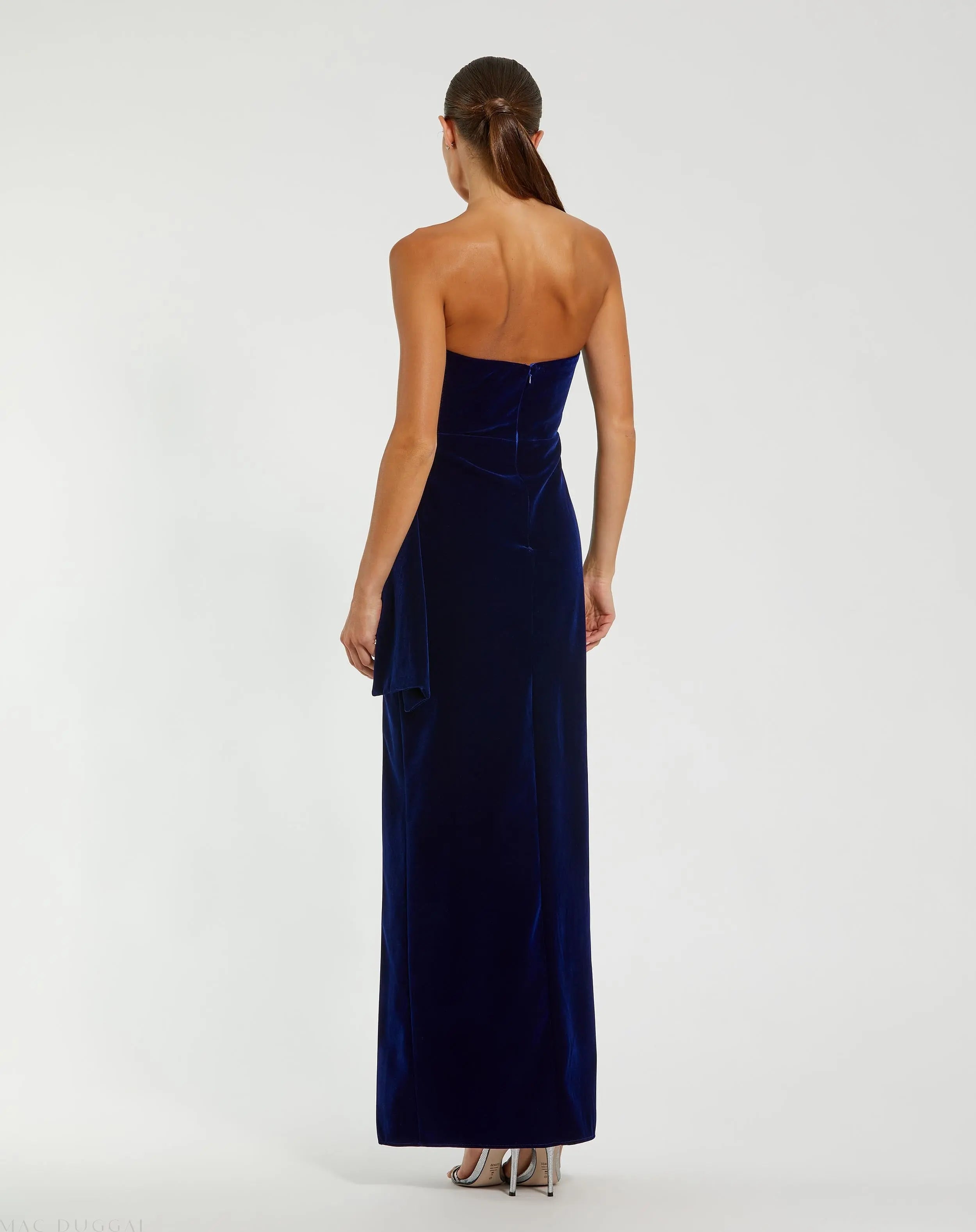 Blue Strapless High Slit Draped Velvet Gown - Mac Duggal