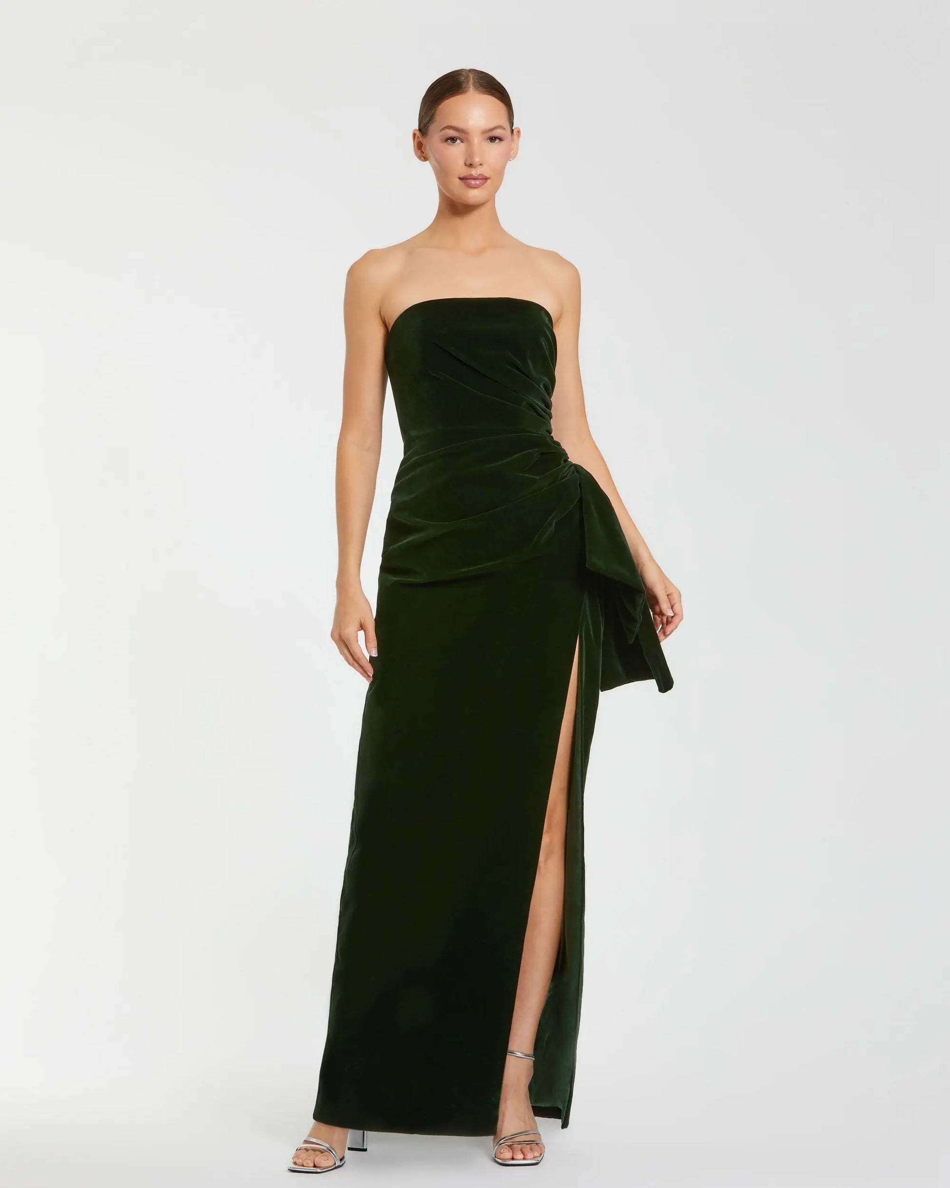 Green Strapless High Slit Draped Velvet Gown | Mac Duggal Green Strapless High Slit Draped Velvet Gown | Mac Duggal