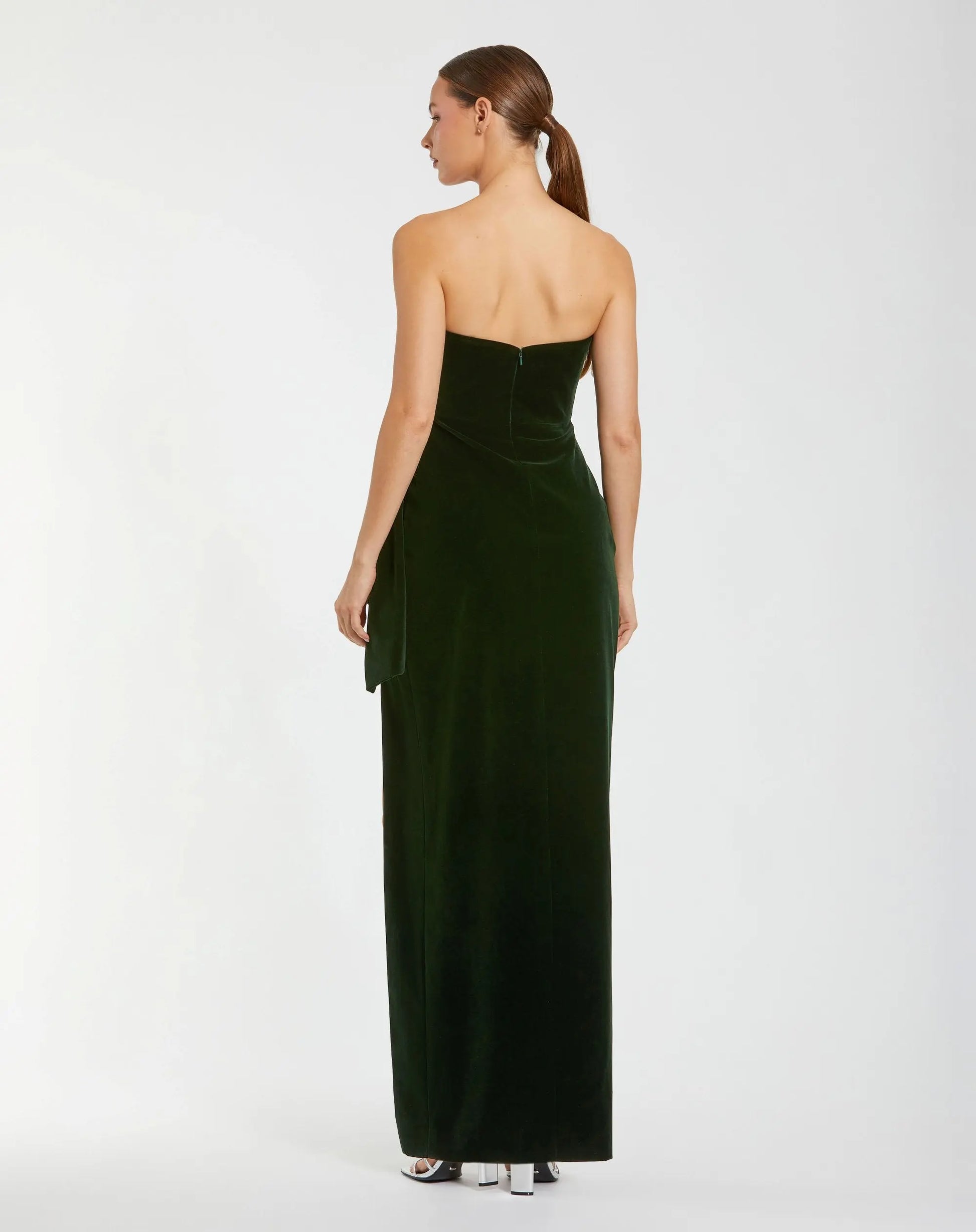 Green Strapless High Slit Draped Velvet Gown | Mac Duggal Green Strapless High Slit Draped Velvet Gown | Mac Duggal
