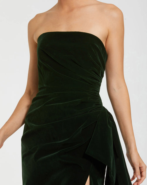 Green Strapless High Slit Draped Velvet Gown - Ieena for Mac Duggal