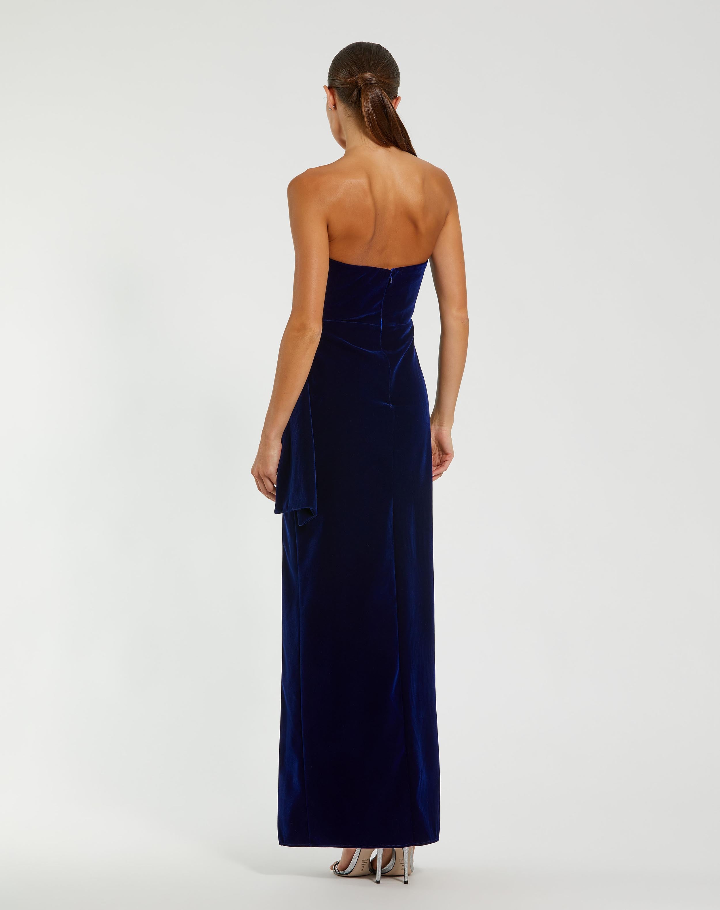 Strapless High Slit Draped Velvet Gown