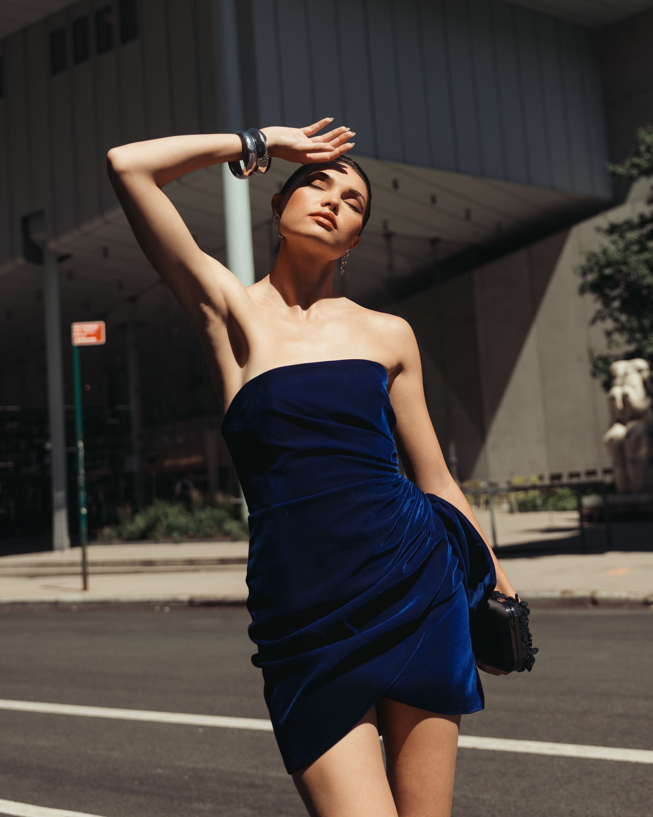 Blue Strapless Velvet Wrap Mini Dress - Ieena for Mac Duggal