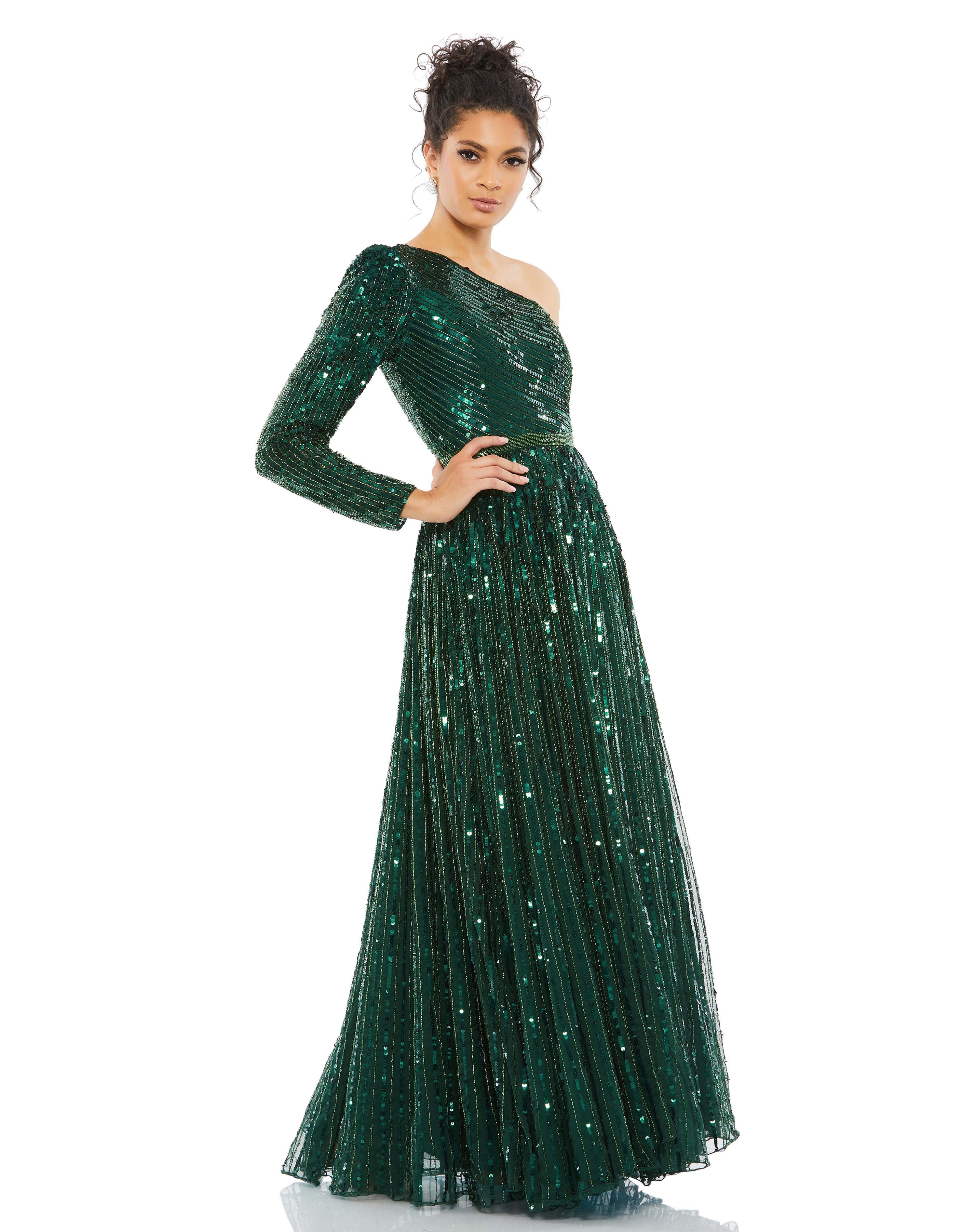 Sequined One Shoulder A Line Gown