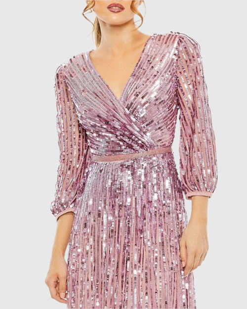 Sequined Wrap Over 3/4 Sleeve Gown