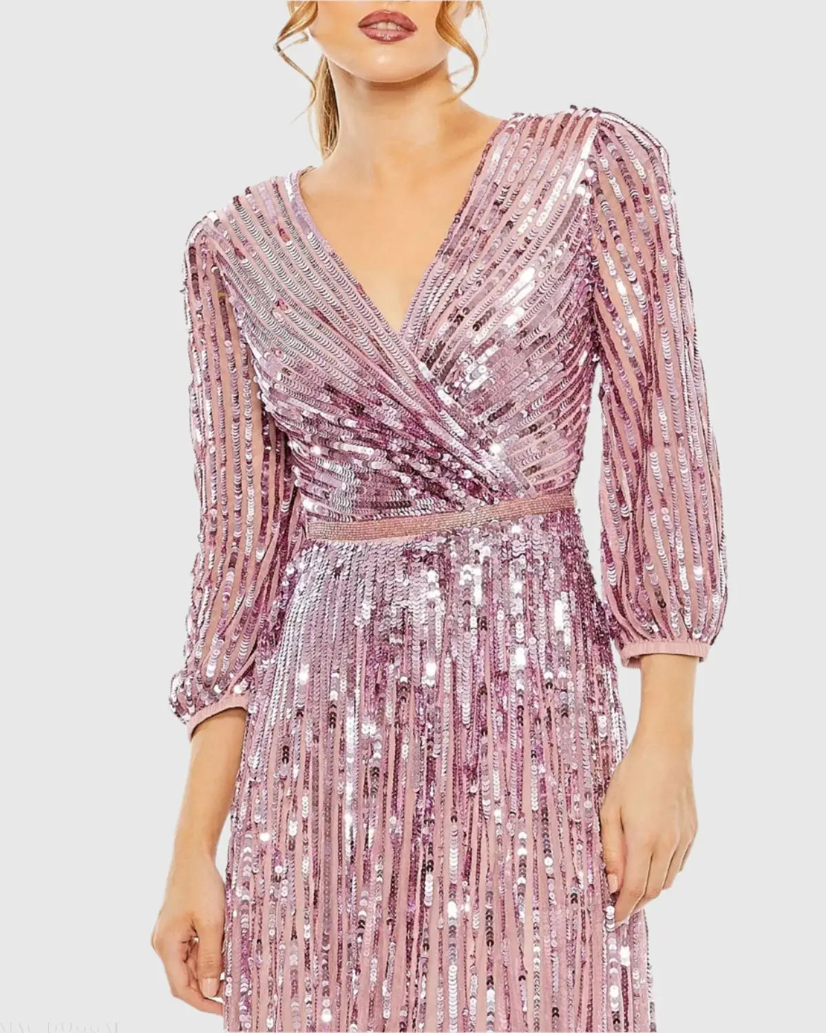 sequined wrap dress Purple Sequined Wrap Over 3/4 Sleeve Gown