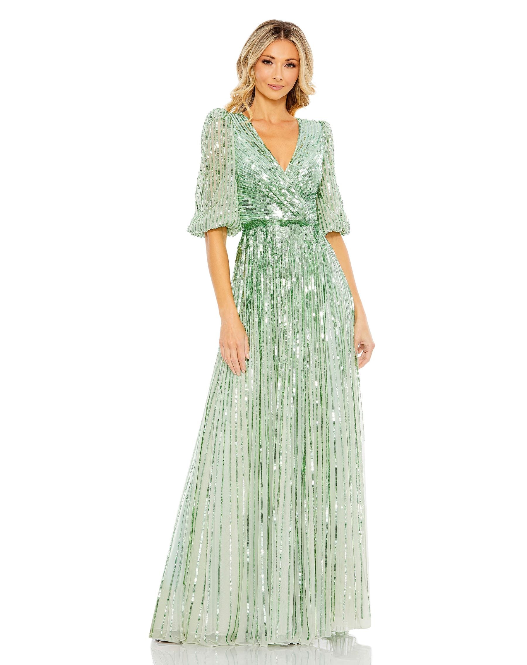 Sequined Wrap Over 3/4 Sleeve Gown