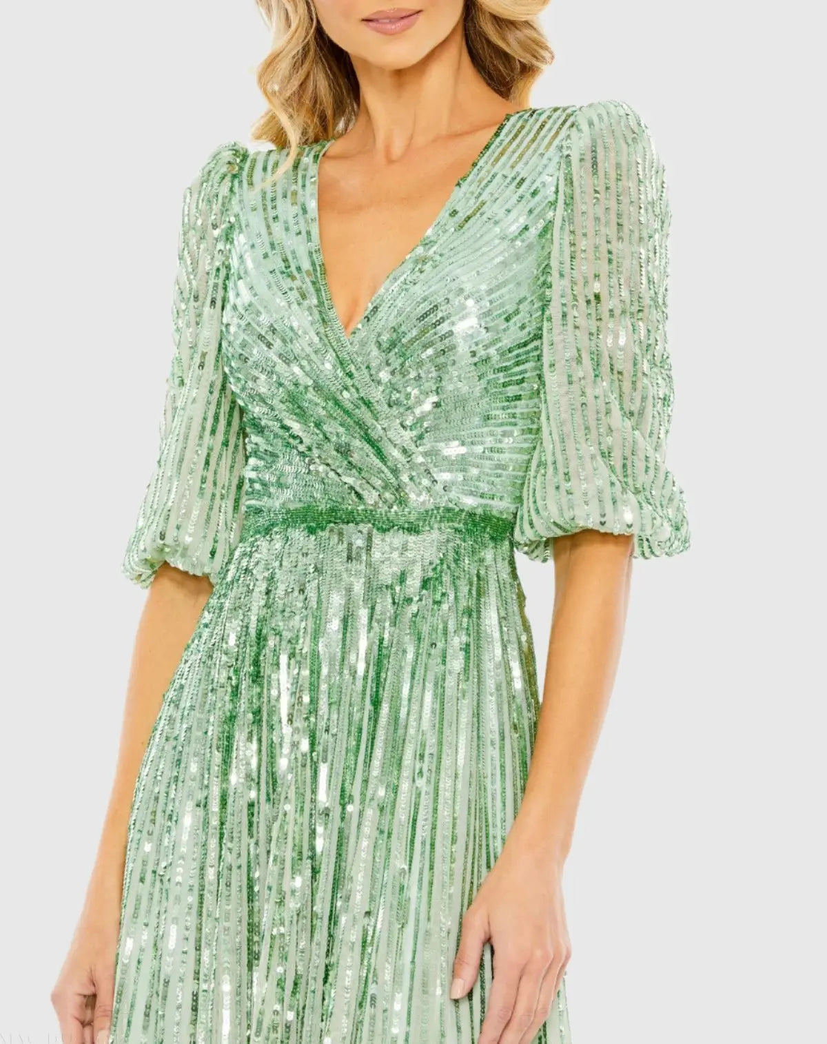 sequined wrap dress Mac Duggal Women's Metallic Puff-Sleeve Gown - Sage