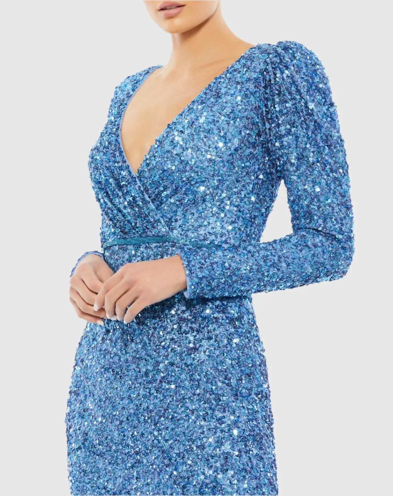 Blue Puff Shoulder Sequined Surplice Gown - Mac Duggal
