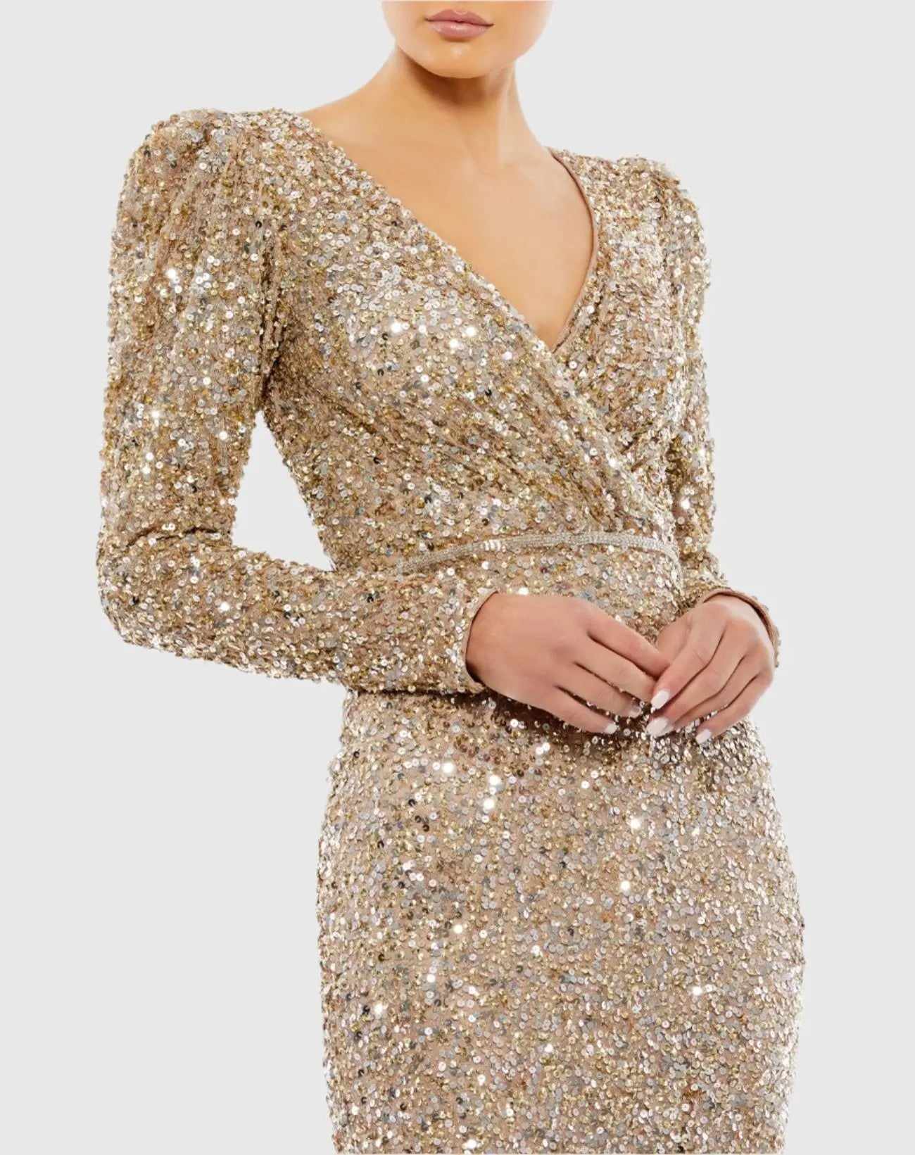 Gold Puff Shoulder Sequined Surplice Gown - Mac Duggal