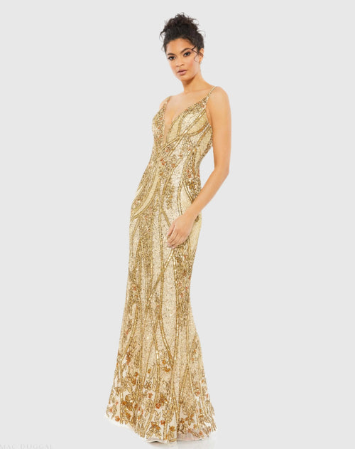 Gold Embellished Sleeveless Plunge Neck Low Back Gown - Mac Duggal