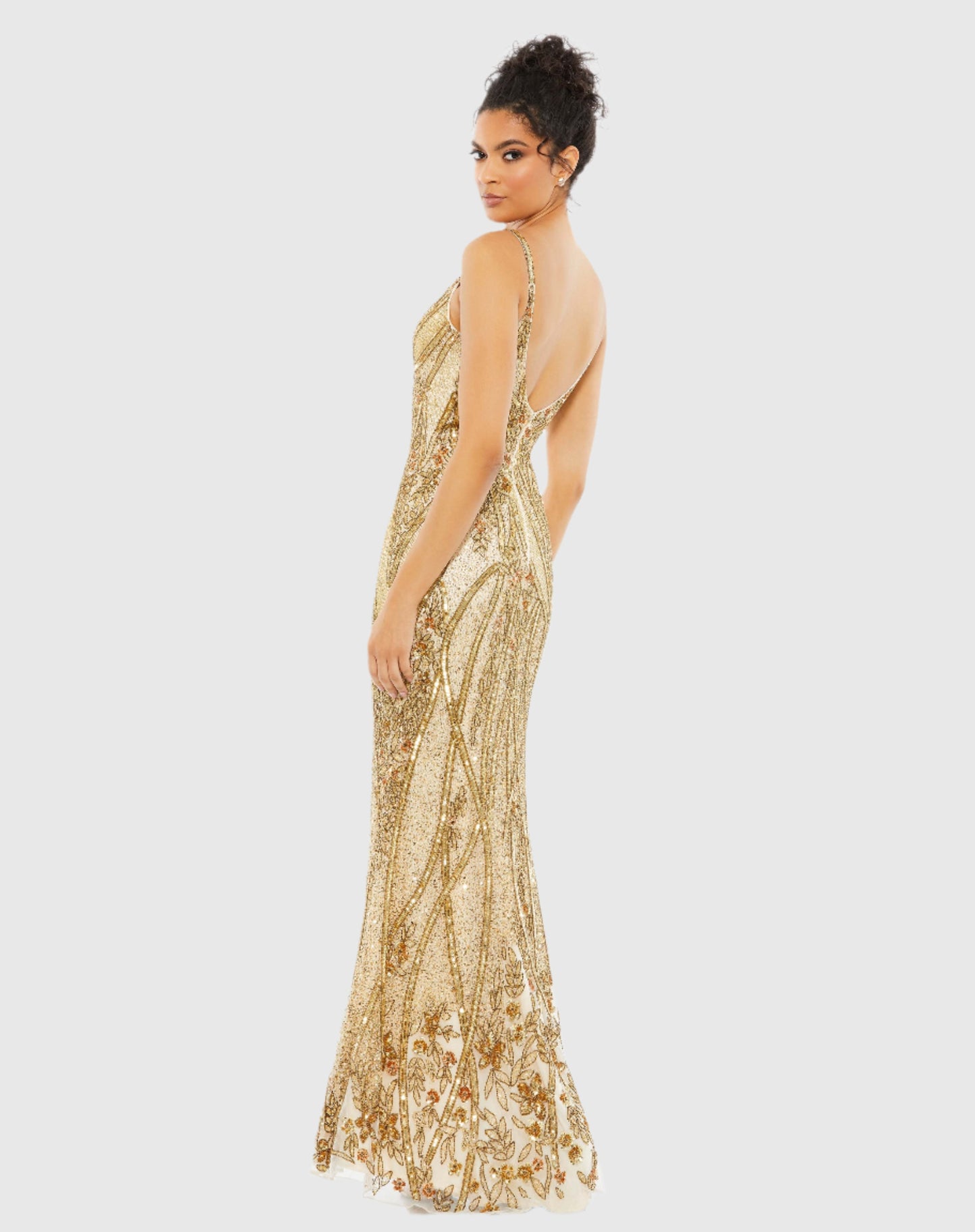 Embellished Sleeveless Plunge Neck Low Back Gown