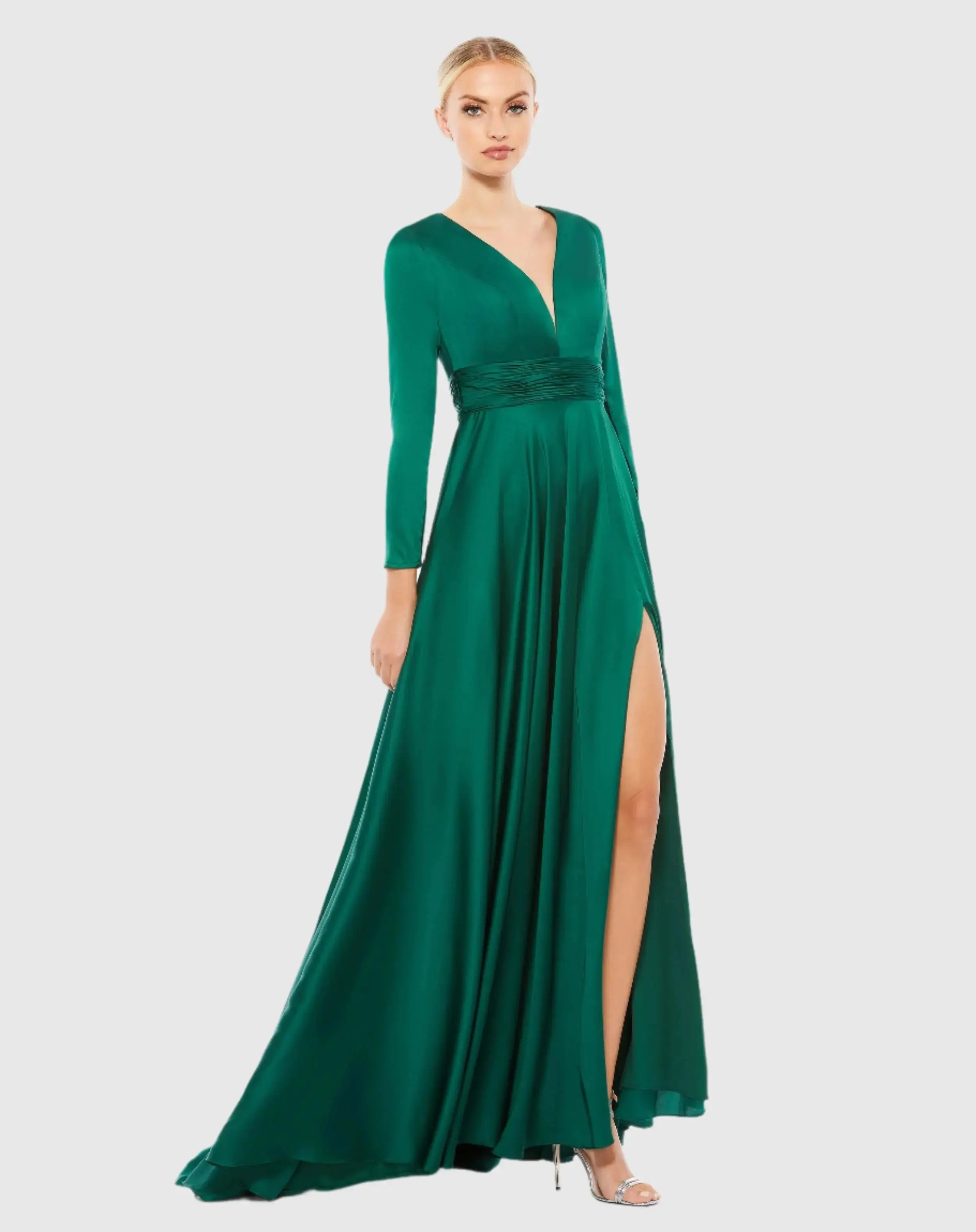 Green Long Sleeve Ruched Waist A-Line Gown - Ieena for Mac Duggal