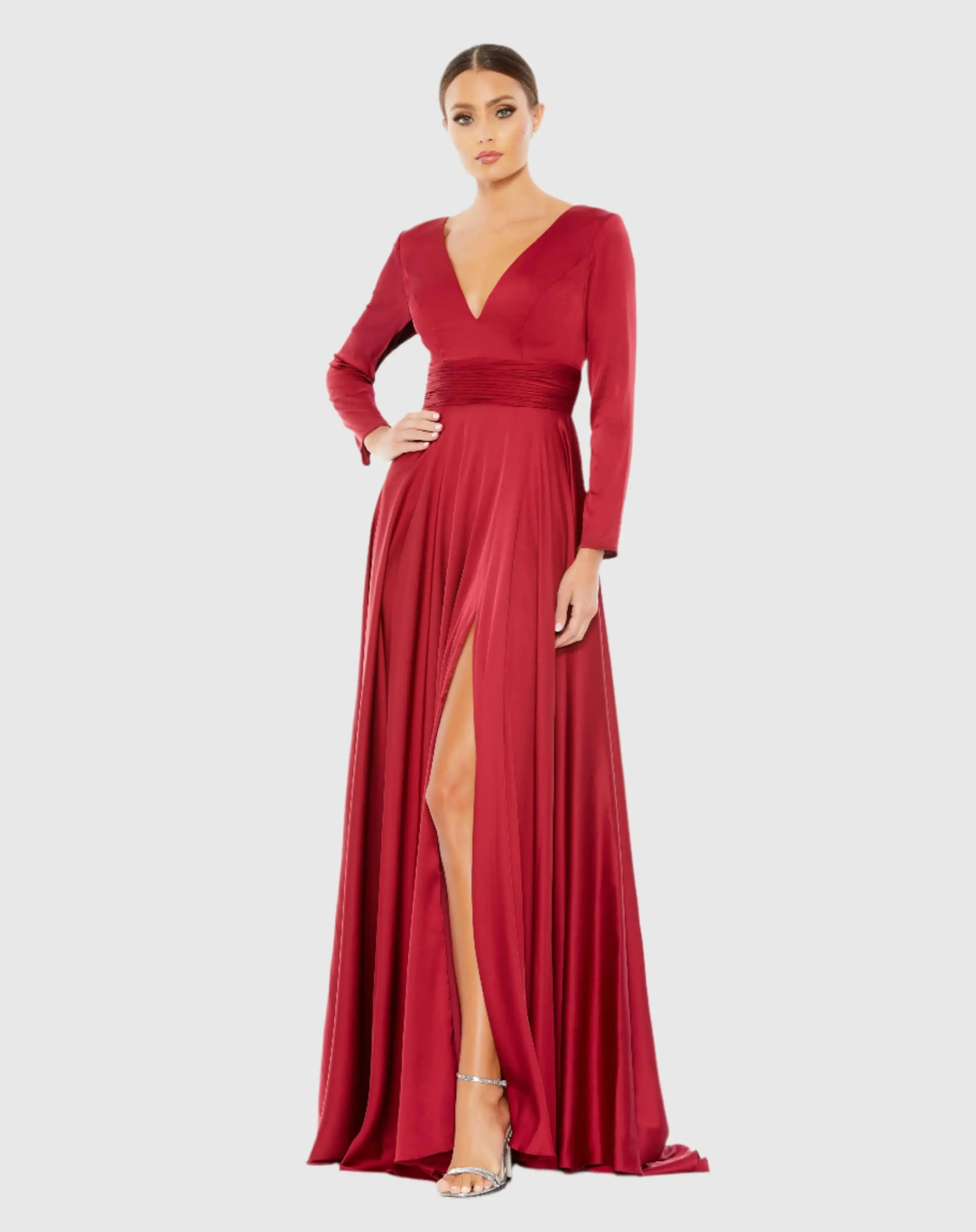 Red Long Sleeve Ruched Waist A-Line Gown - Ieena for Mac Duggal