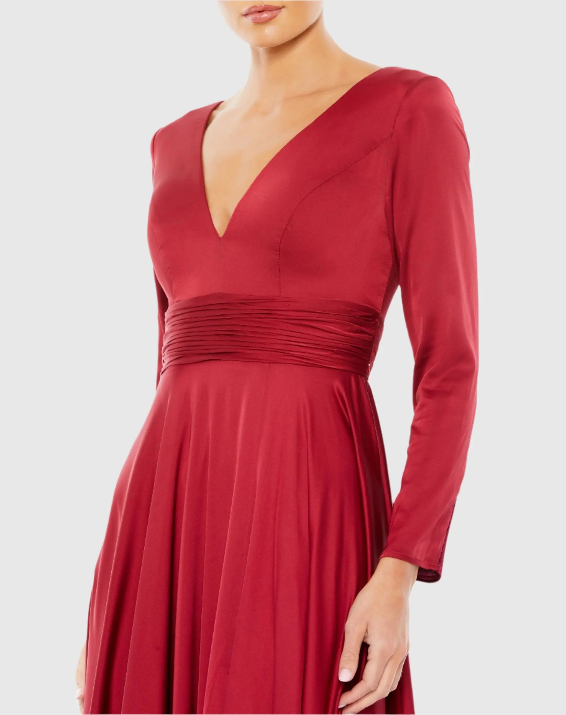 Red Long Sleeve Ruched Waist A-Line Gown - Mac Duggal Red Long Sleeve Ruched Waist A-Line Gown - Mac Duggal