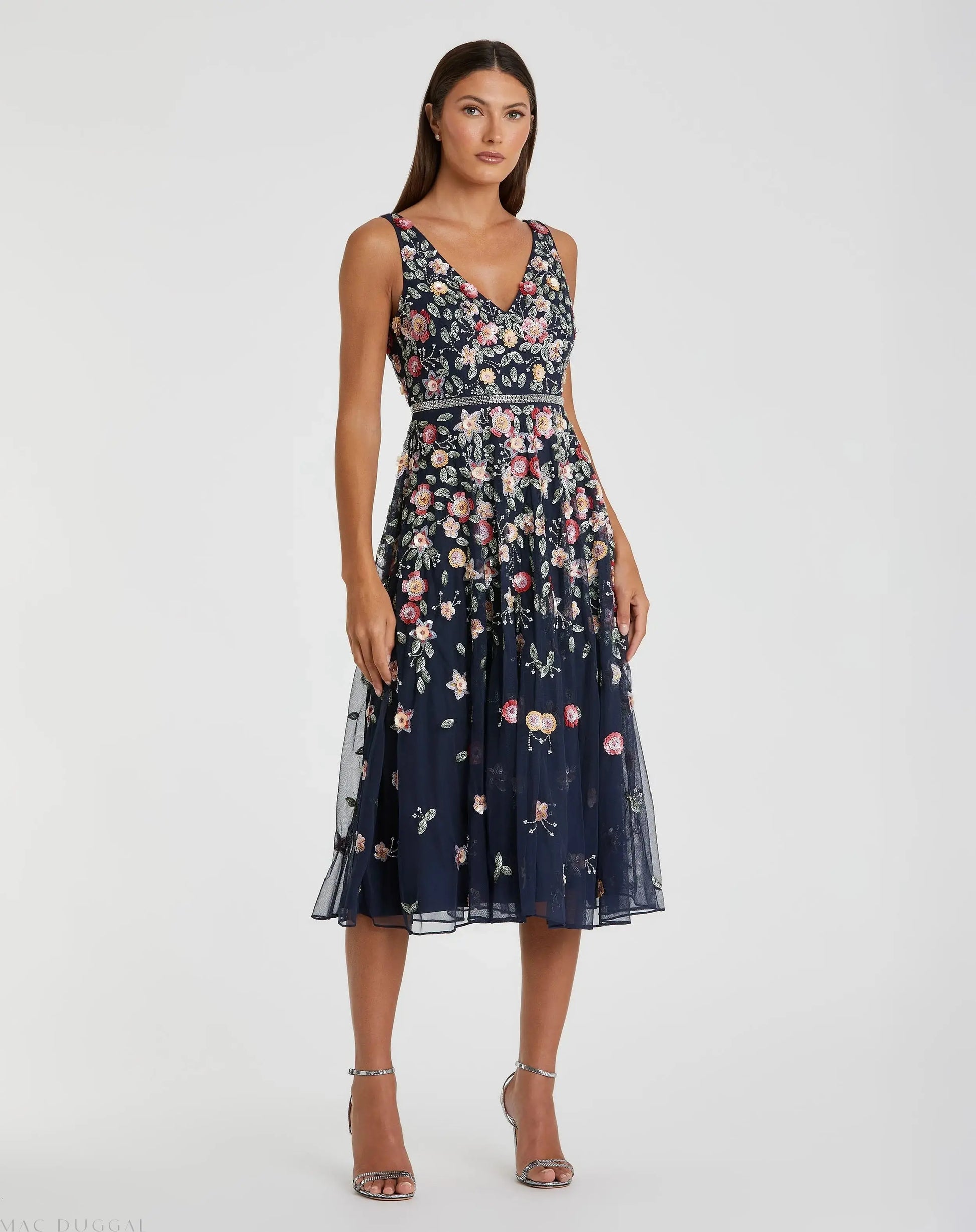 Navy V-Neck Sleeveless Midi Floral Beaded A-line Dress - Mac Duggal Navy V-Neck Sleeveless Midi Floral Beaded A-line Dress - Mac Duggal