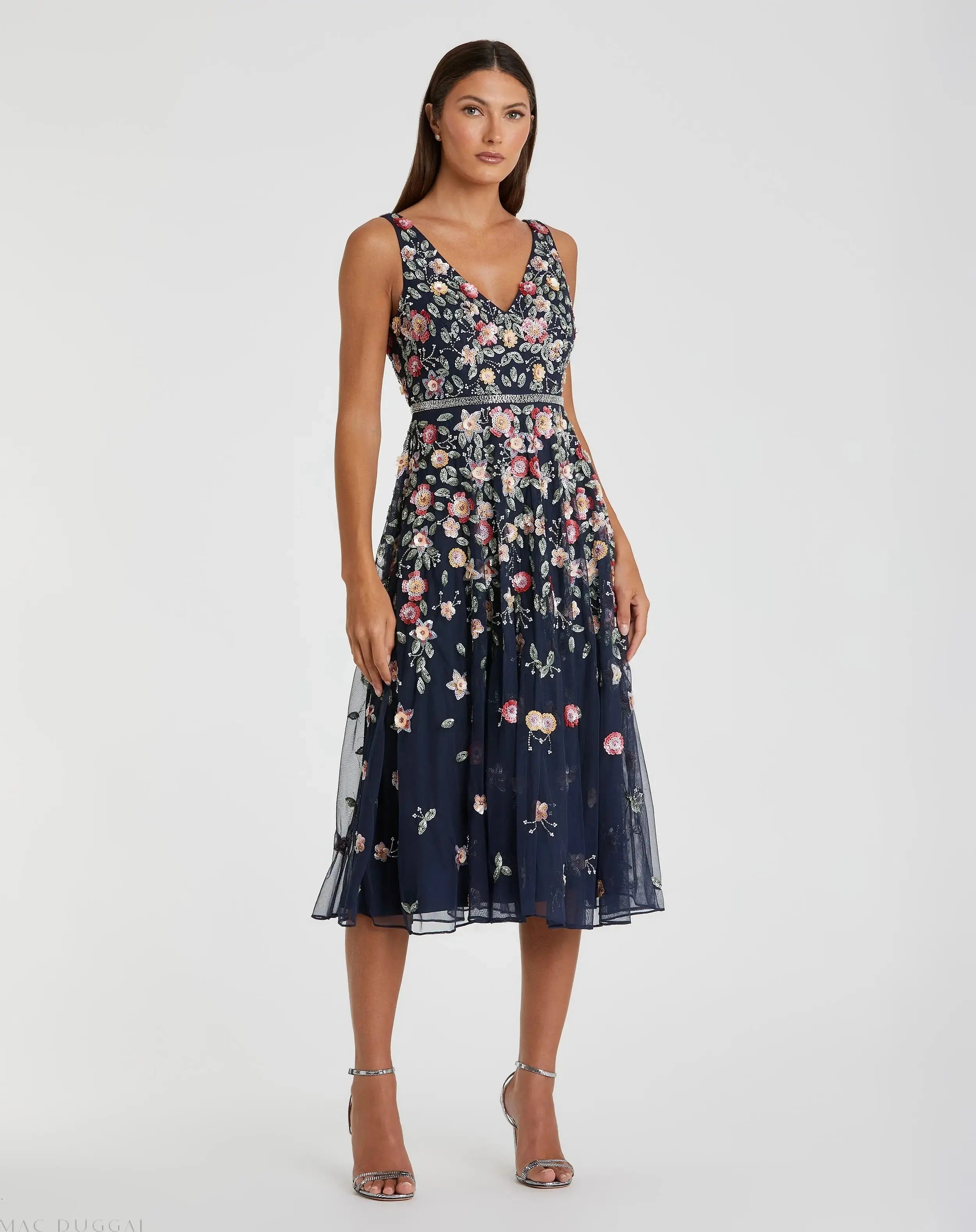 Navy V-Neck Sleeveless Midi Floral Beaded A-line Dress - Mac Duggal