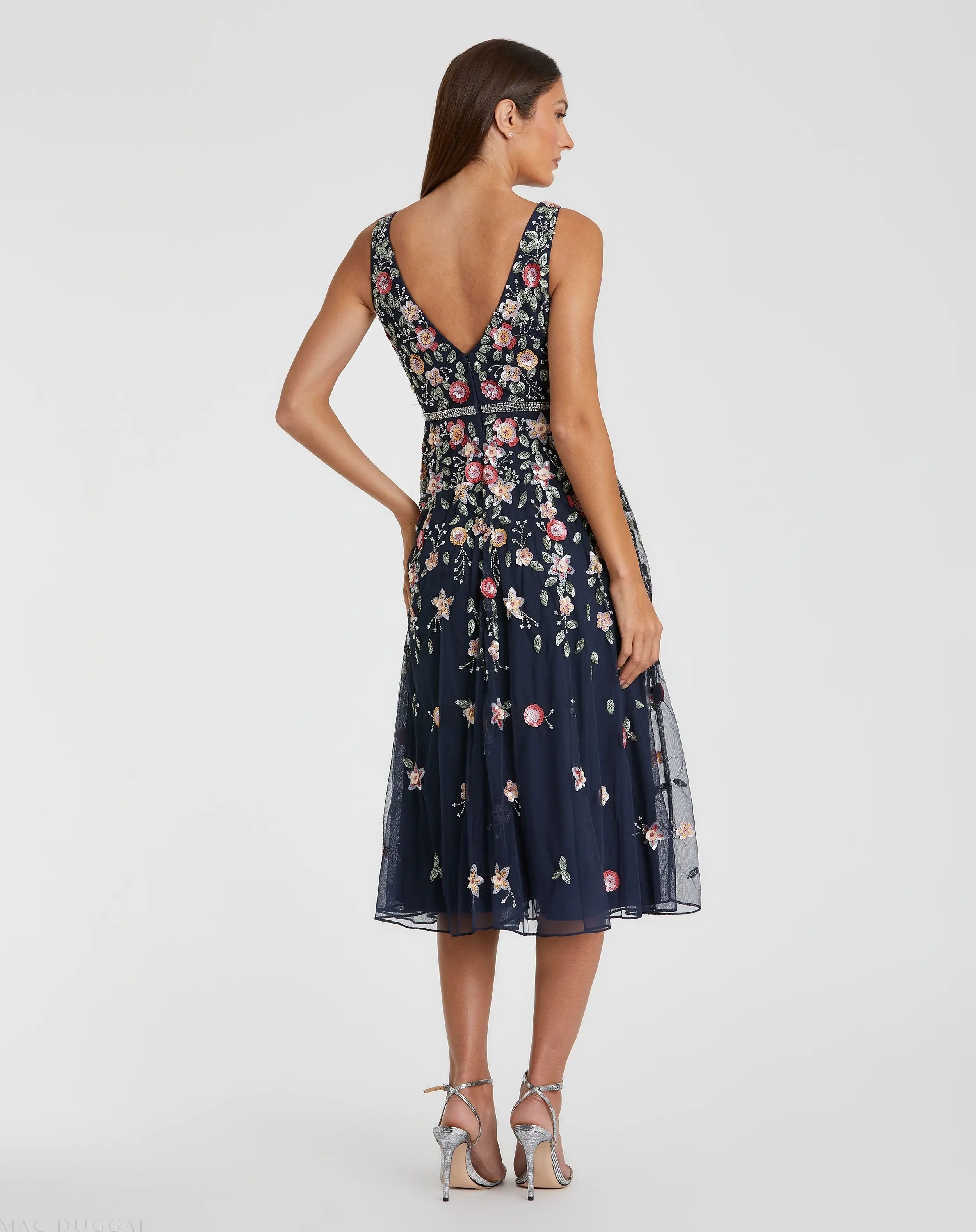 Navy V-Neck Sleeveless Midi Floral Beaded A-line Dress - Mac Duggal