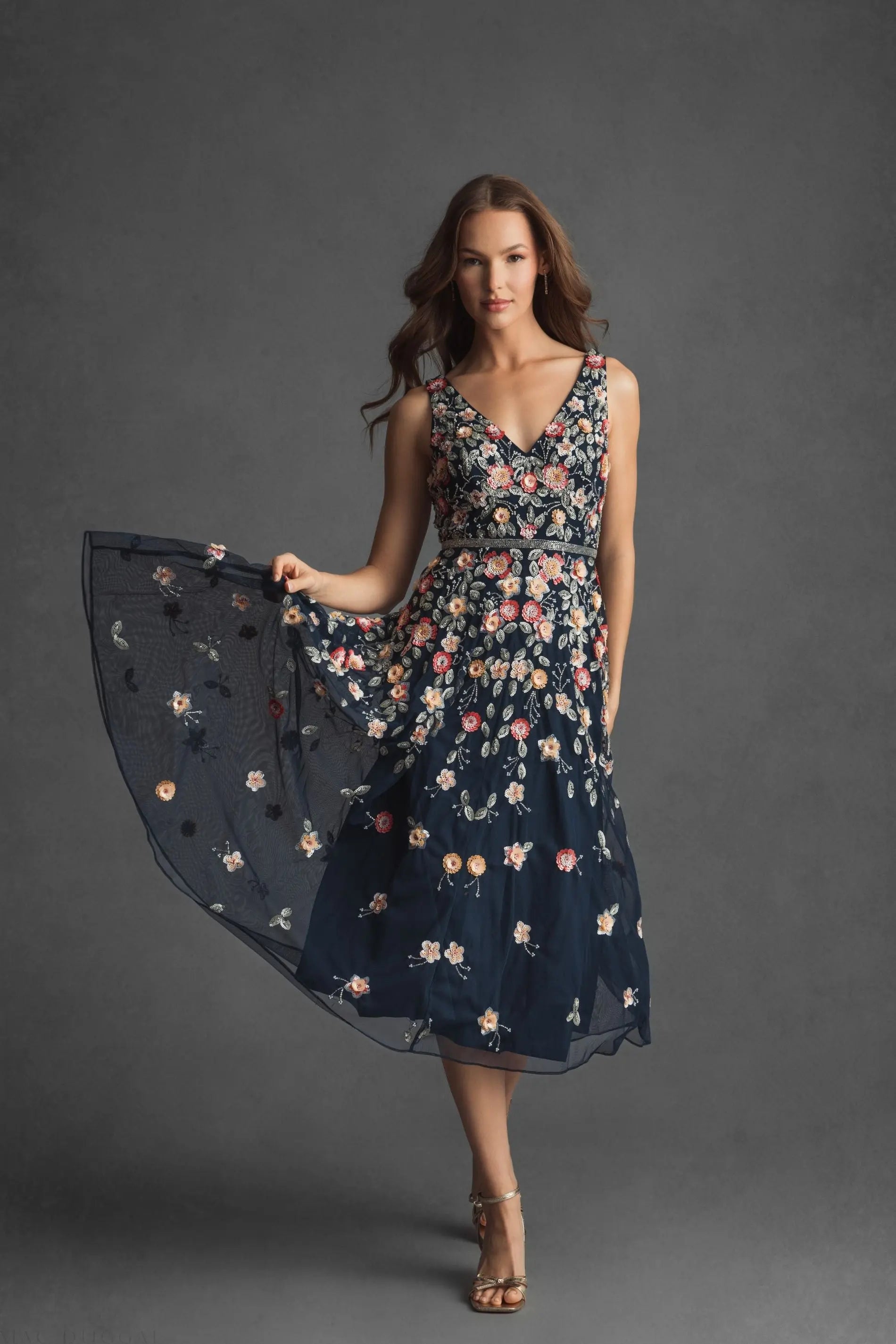 Navy V-Neck Sleeveless Midi Floral Beaded A-line Dress - Mac Duggal