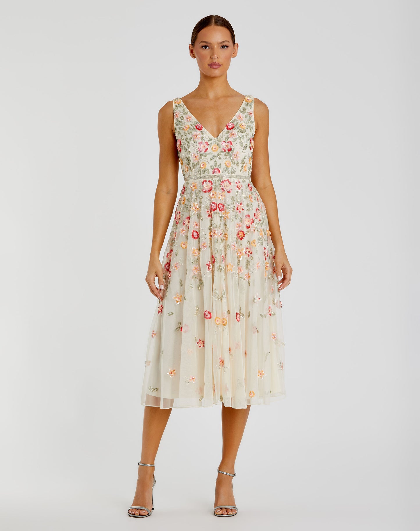 V-neck Sleeveless Midi Floral Beaded  A-line Dress