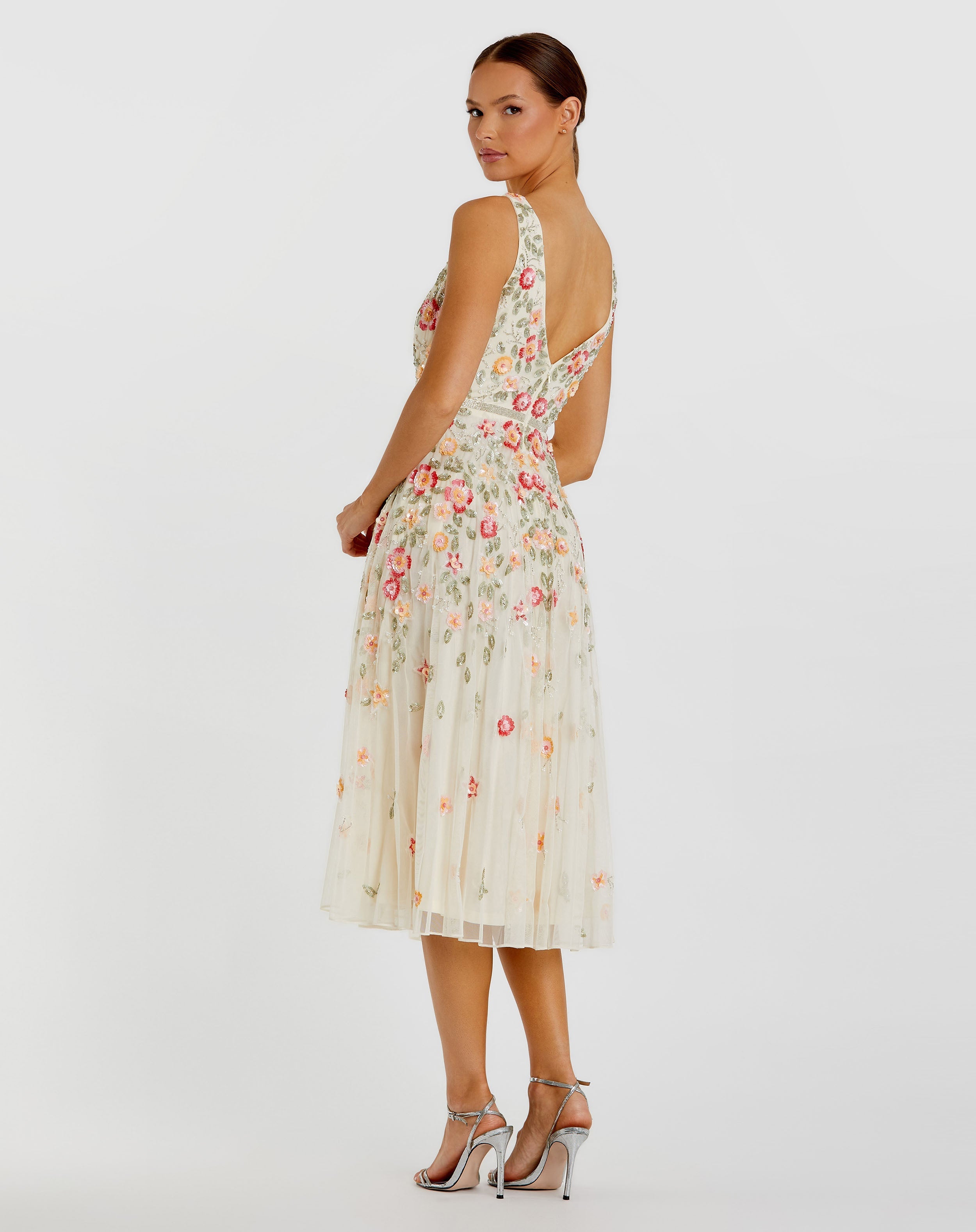 Navy V-Neck Sleeveless Midi Floral Beaded A-line Dress - Mac Duggal Navy V-Neck Sleeveless Midi Floral Beaded A-line Dress - Mac Duggal