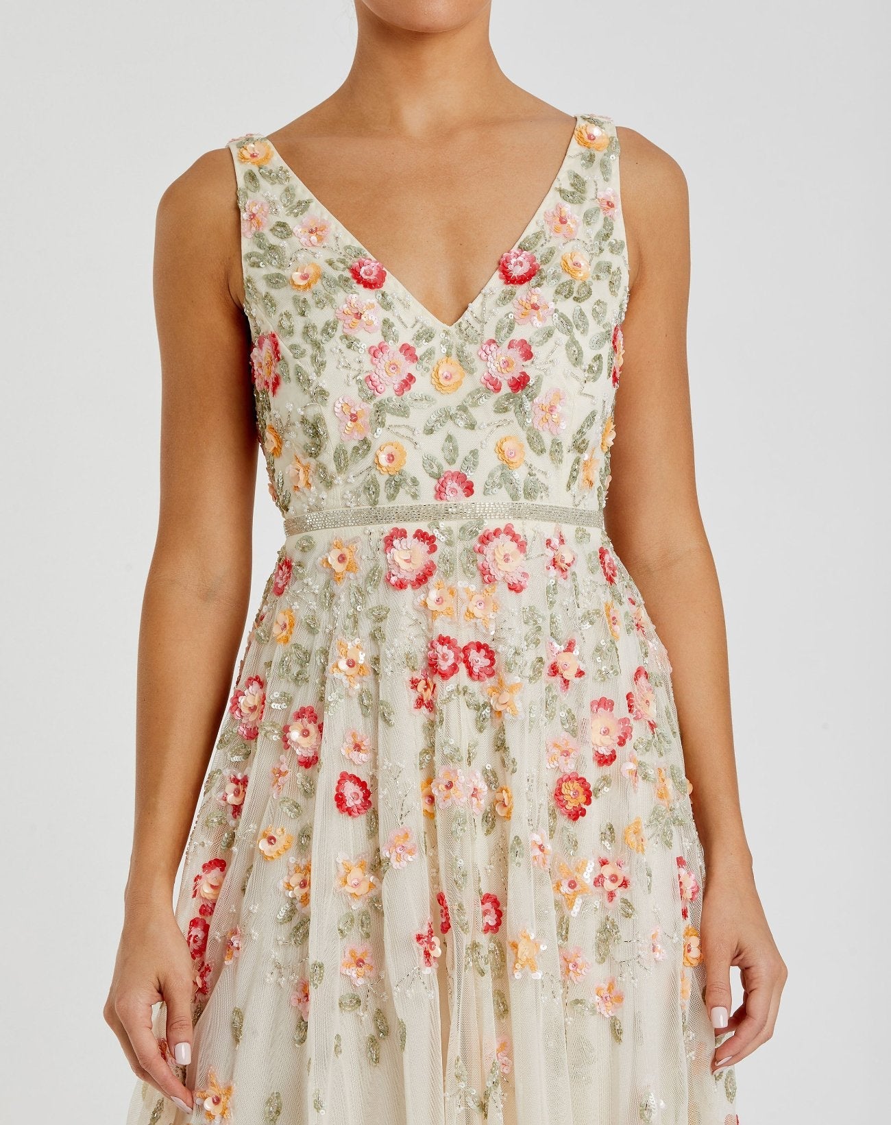 Mac Duggal - White V-Neck Sleeveless Midi Floral Beaded A-Line Dress
