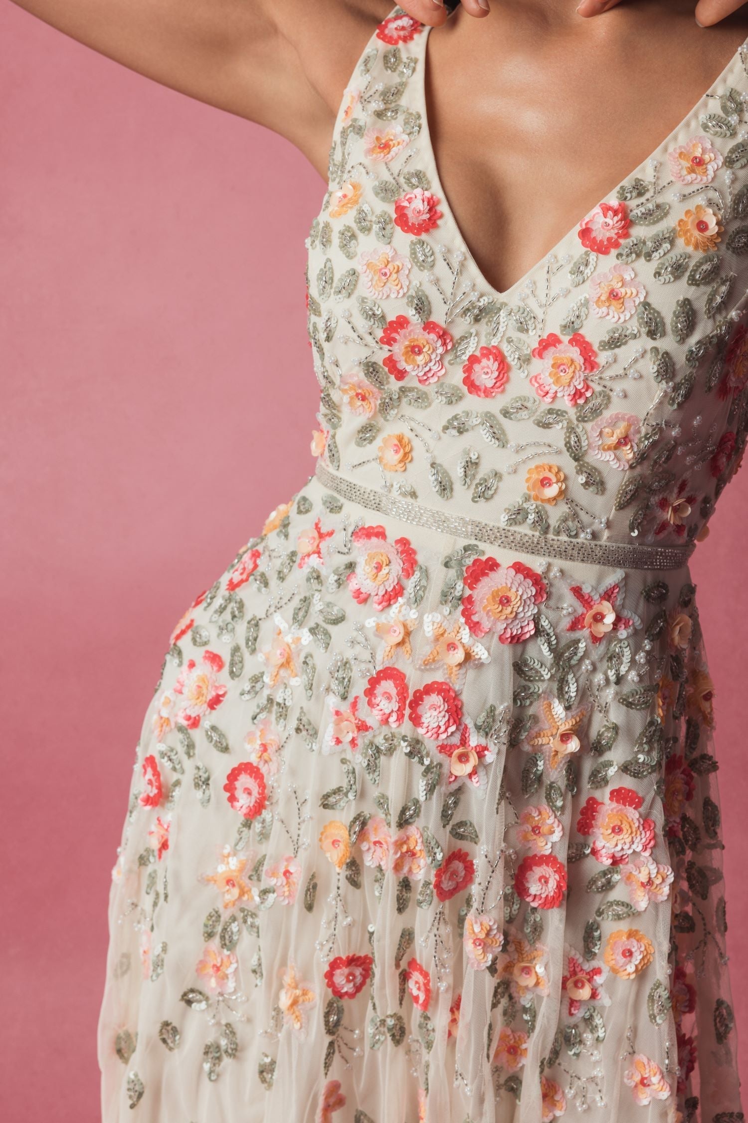 White V-Neck Sleeveless Midi Floral Beaded A-line Dress - Mac Duggal