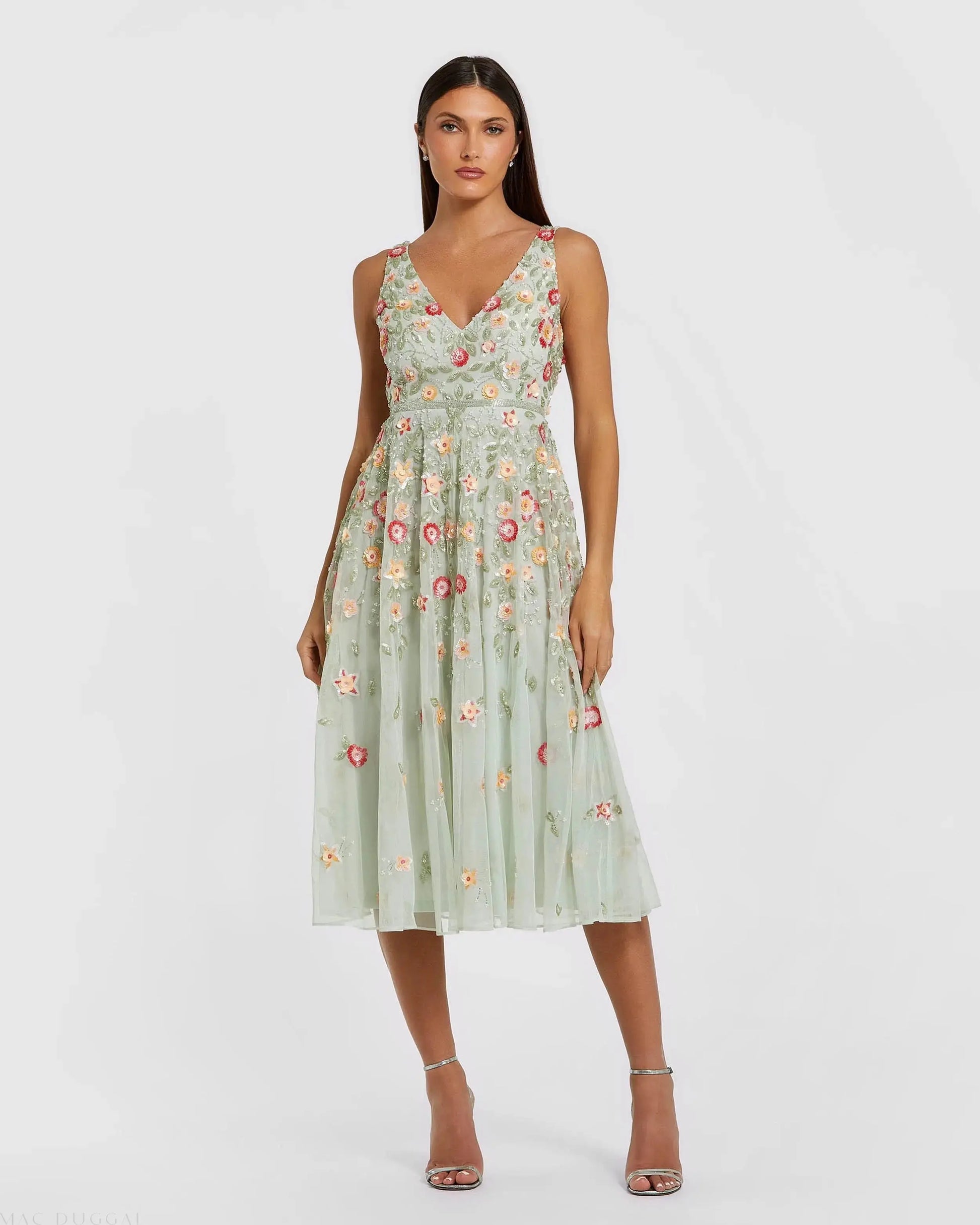 Green V-Neck Sleeveless Midi Floral Beaded A-line Dress | Mac Duggal Green V-Neck Sleeveless Midi Floral Beaded A-line Dress | Mac Duggal