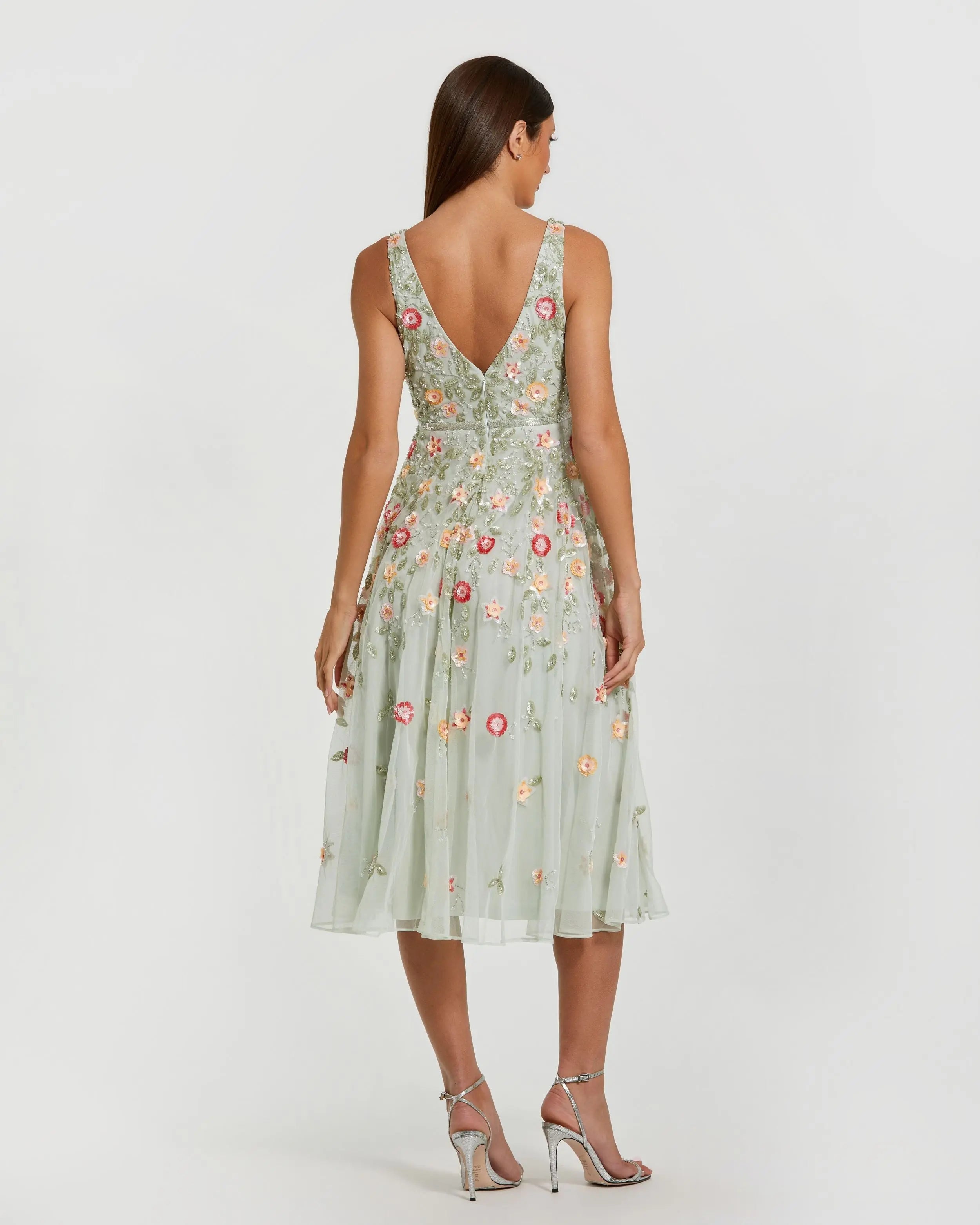 mac duggal cocktail floral embroidered v-neck midi-dress Green Multicolor Embroidered V Neck Cap Sleeve Midi Dress