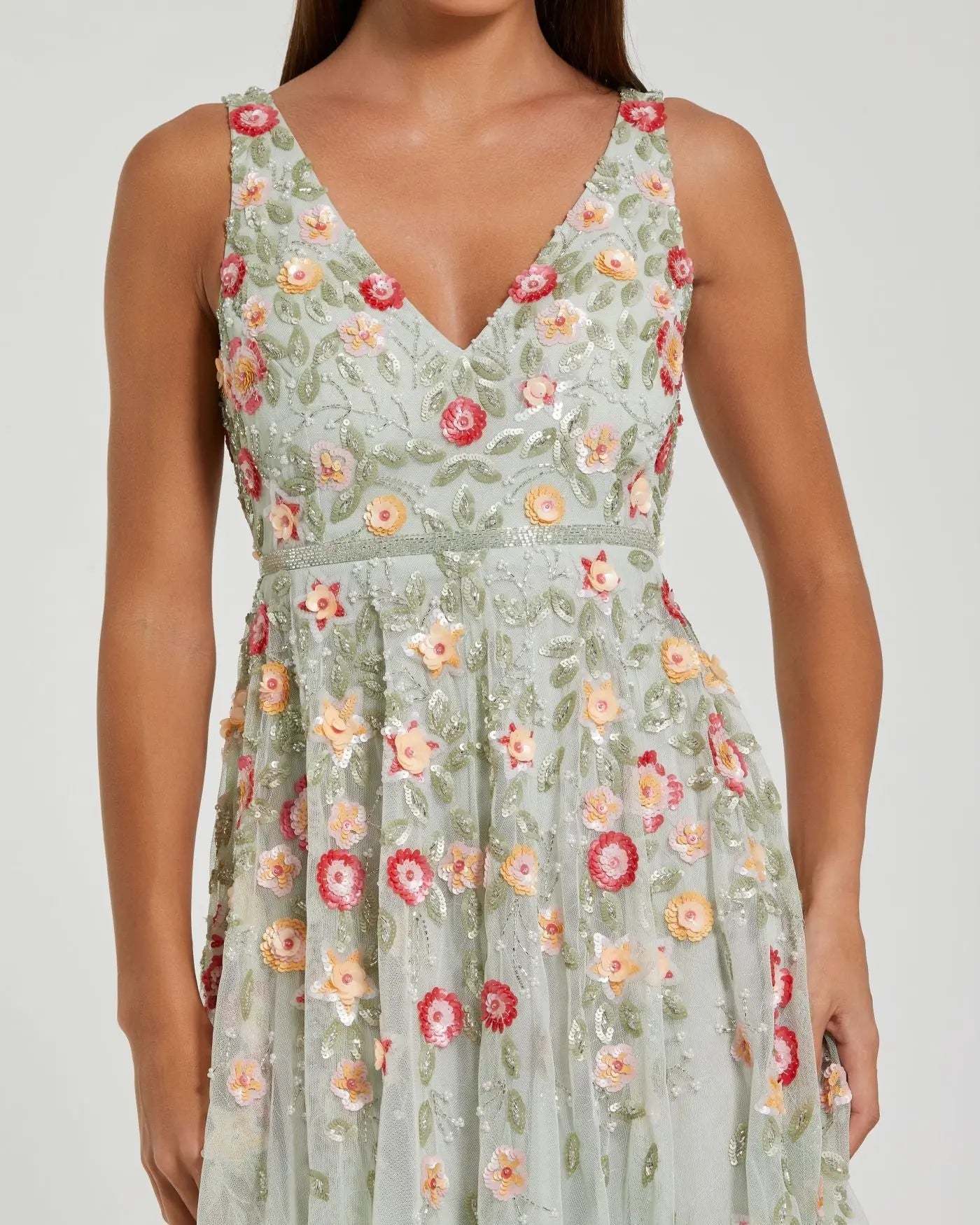 Mac Duggal - V-Neck Sleeveless Midi Floral Beaded A-line Dress