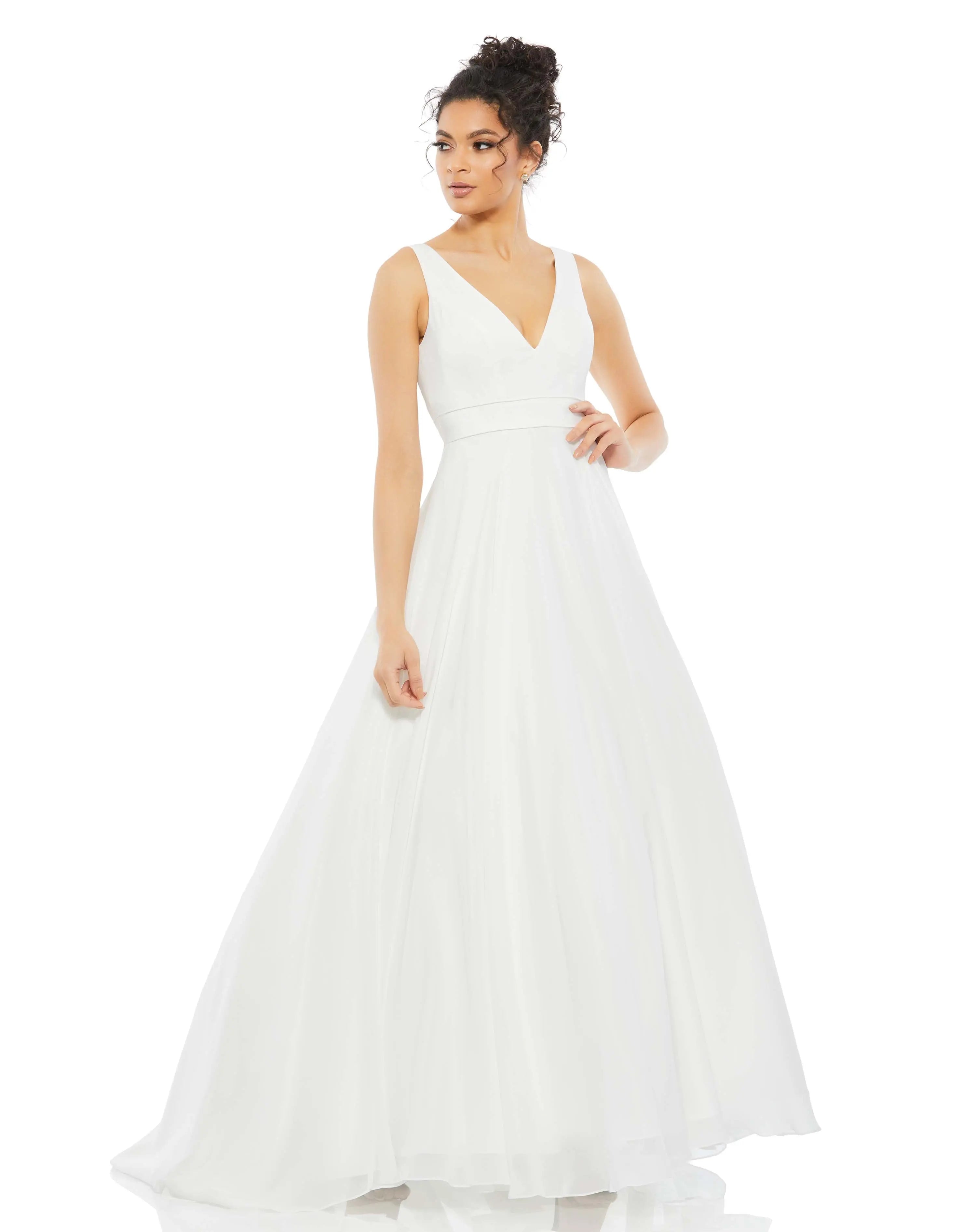 White Sleeveless V Neck Chiffon Ball Gown - Ieena for Mac Duggal