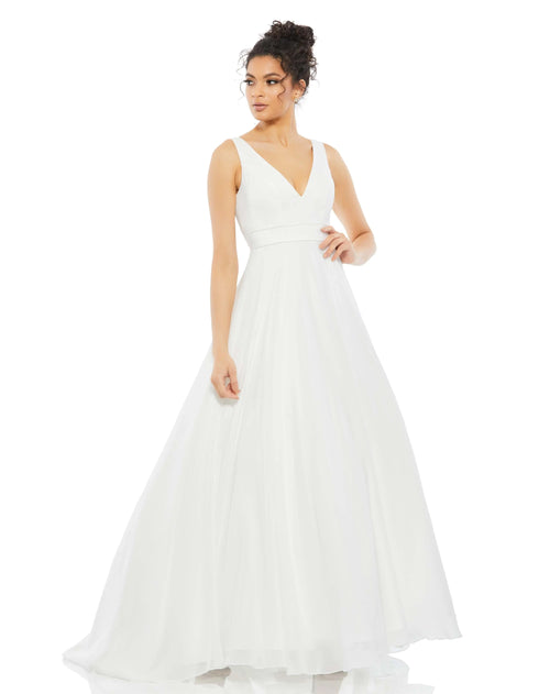 White Sleeveless V Neck Chiffon Ball Gown - Ieena for Mac Duggal