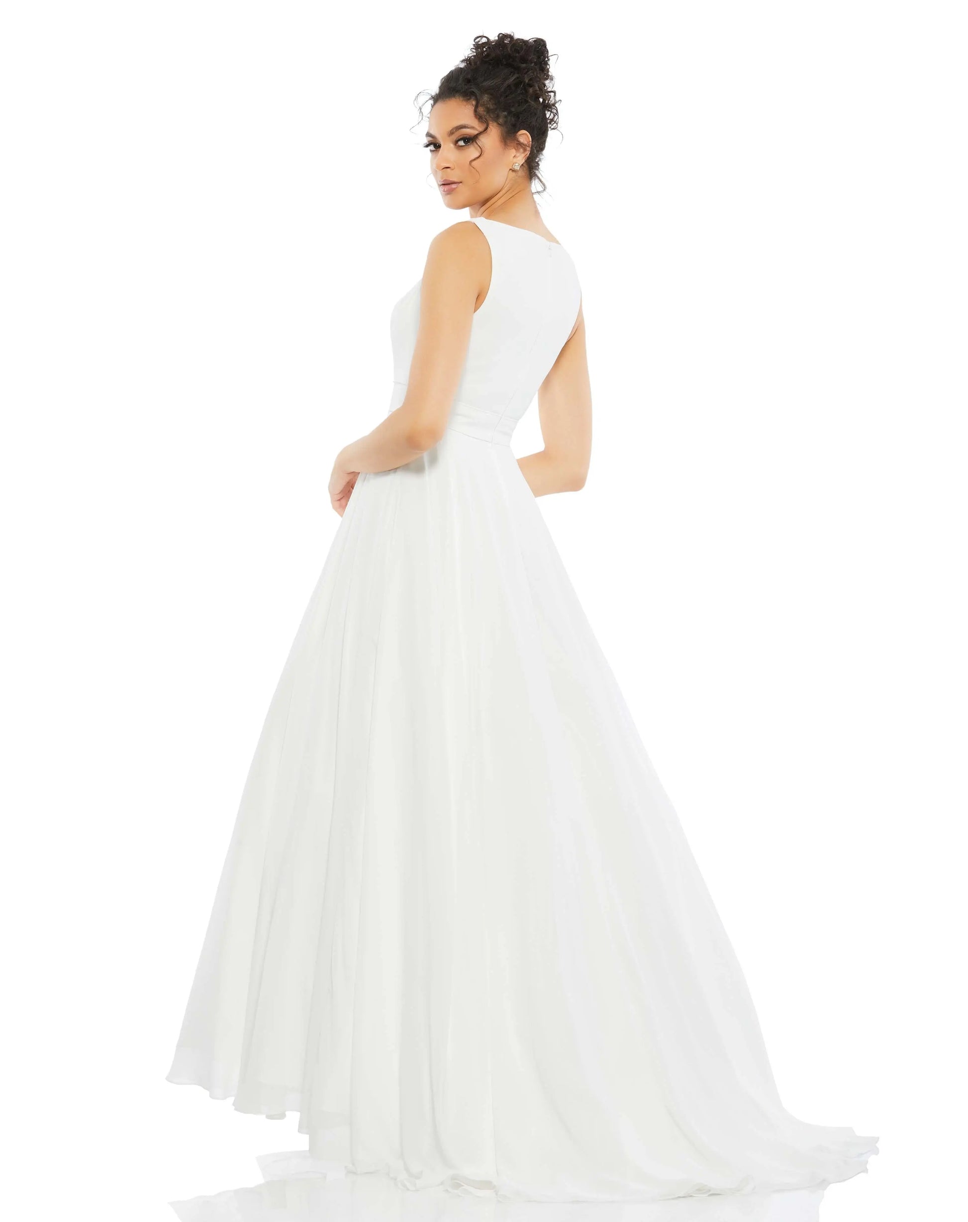 White Sleeveless V Neck Chiffon Ball Gown - Ieena for Mac Duggal