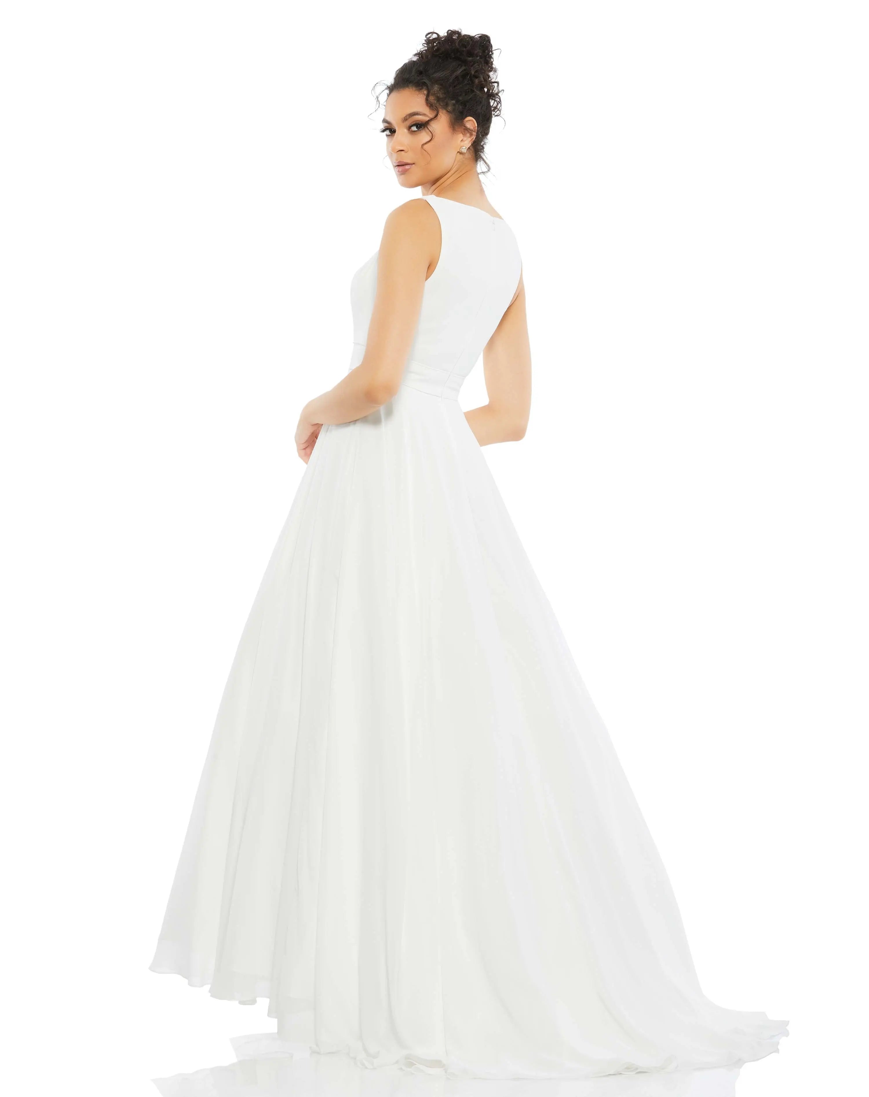 White Sleeveless V Neck Chiffon Ball Gown - Ieena for Mac Duggal