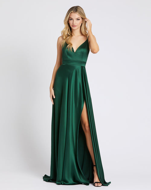 Satin Strappy-Back High Slit Gown