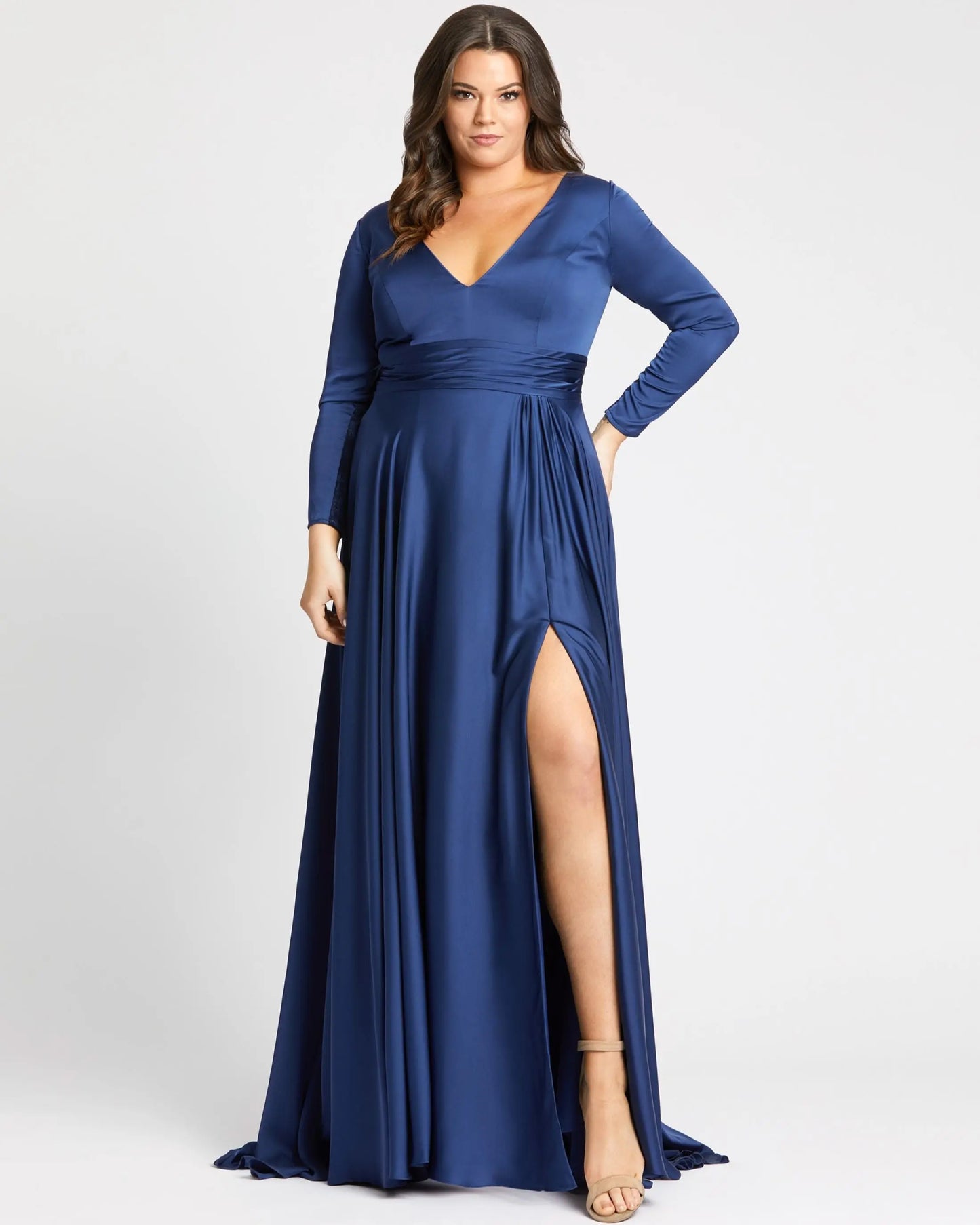 Navy Satin Long Sleeve Evening Gown (Plus) - Mac Duggal