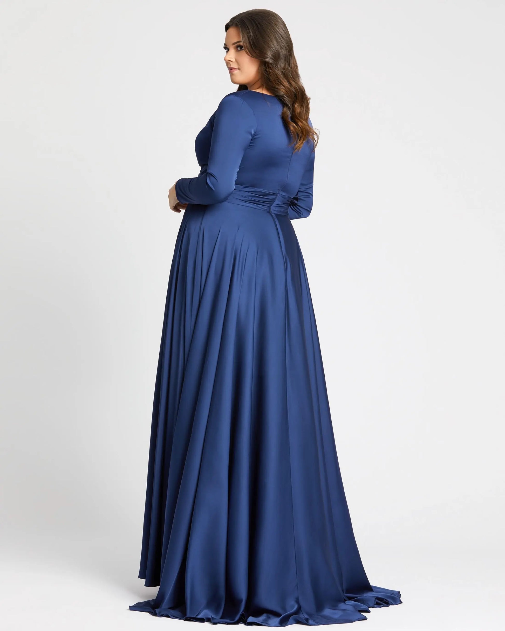 Navy Satin Long Sleeve Evening Gown (Plus) - Mac Duggal