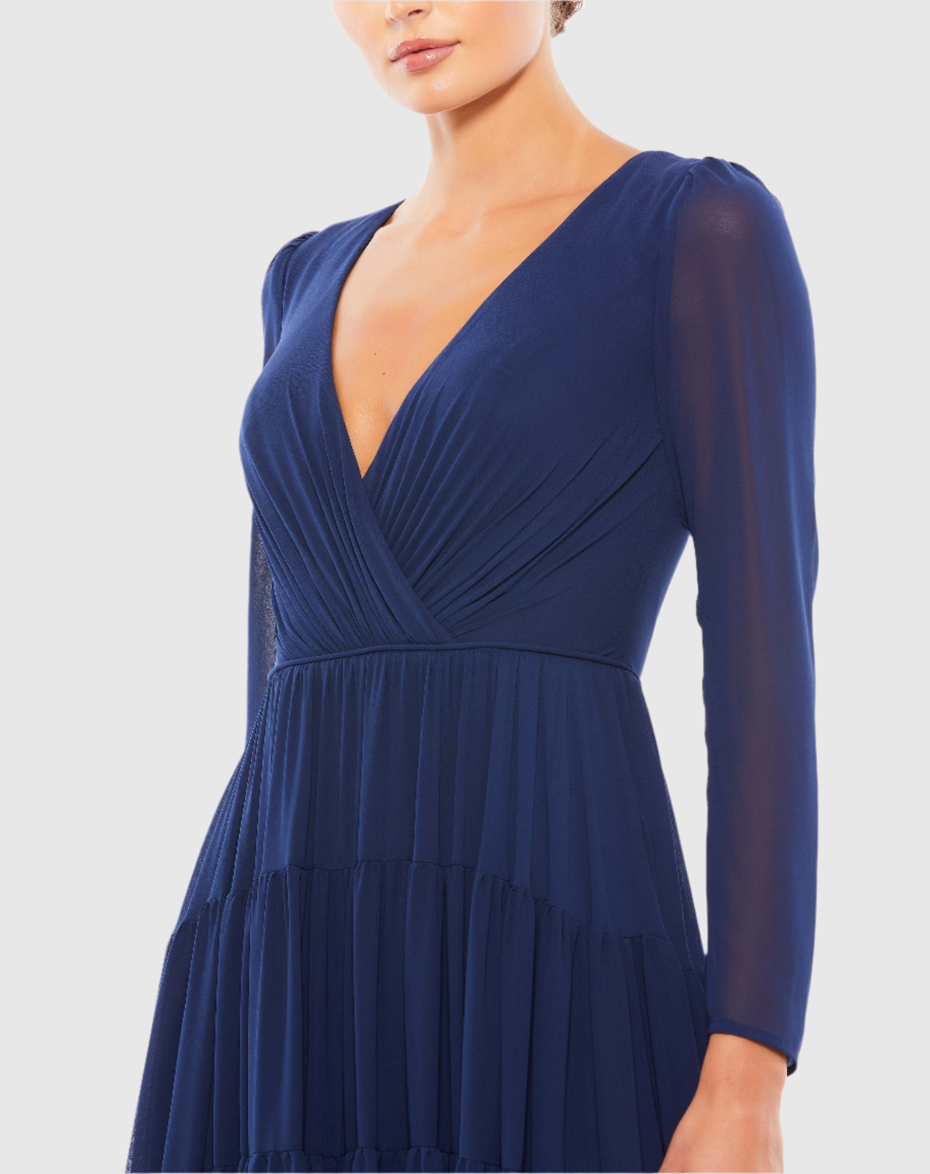 Faux Wrap Illusion Long Sleeve Tiered Gown Ieena for Mac Duggal