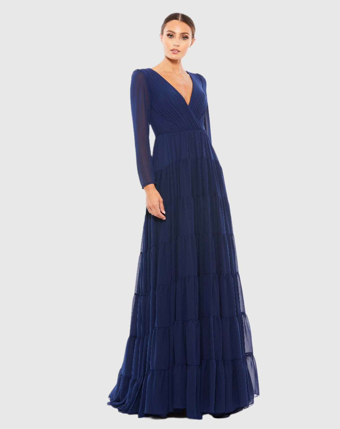 Faux Wrap Illusion Long Sleeve Tiered Gown