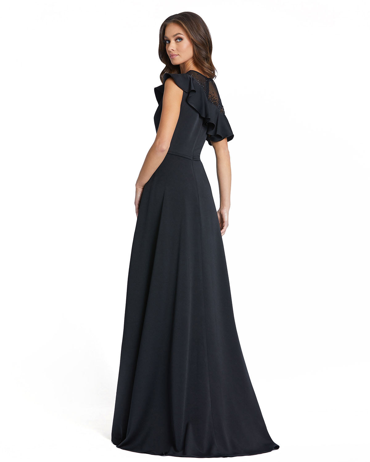 Illusion Ruffled Drop Shoulder A Line Gown